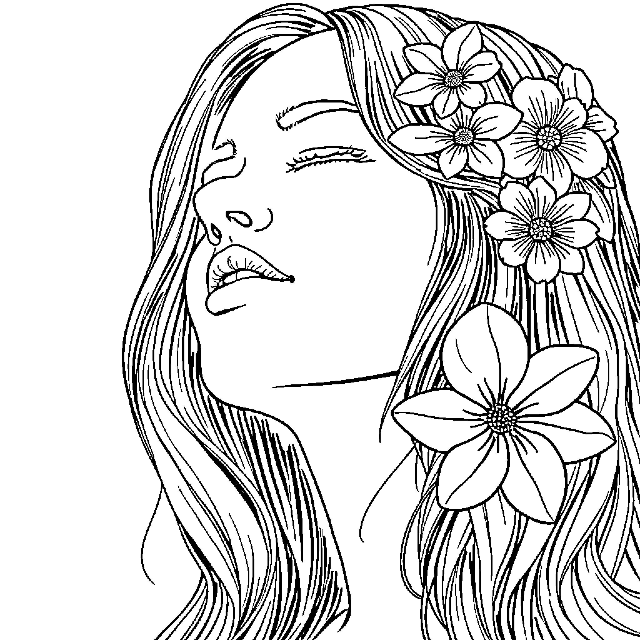 Woman with Floral Crown in Serene Expression Coloring Page (free black-and-white line drawing printable PDF for all, from beginners to advanced learners, including children, teens, adults, and seniors)