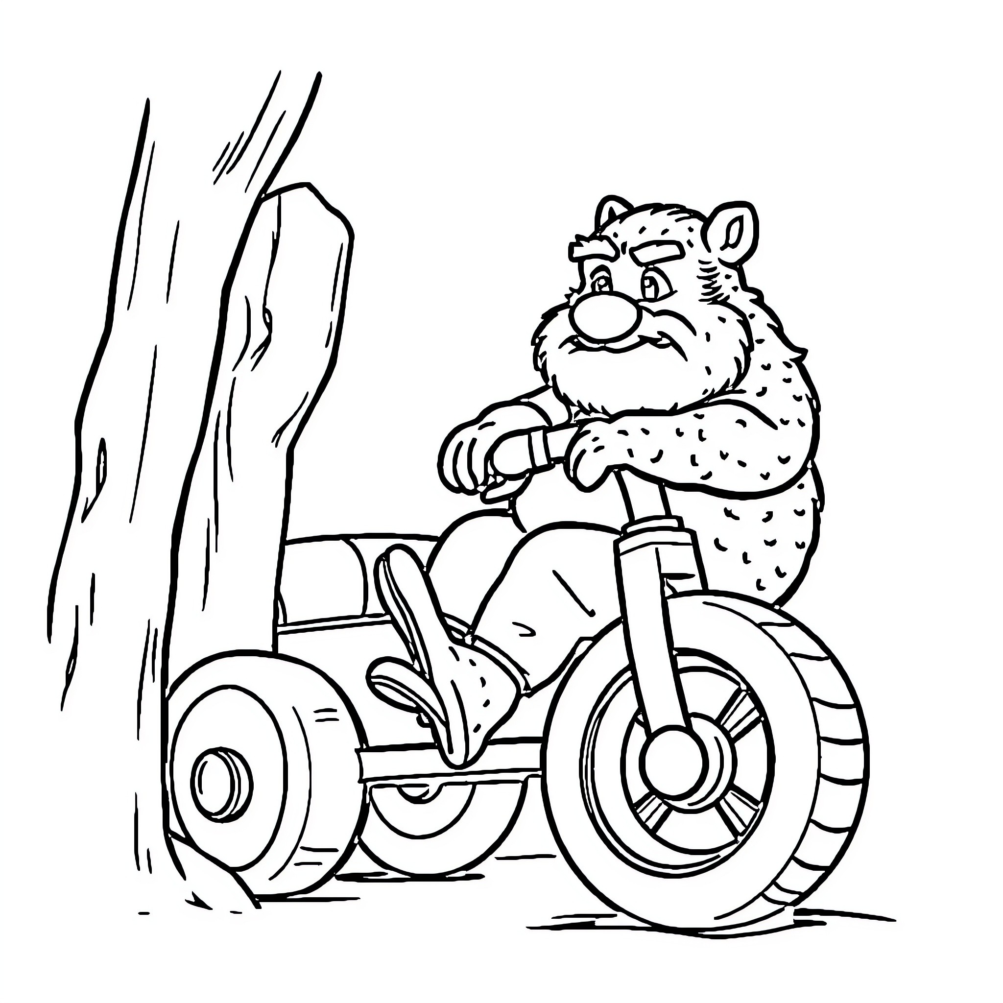 Mecánico jugando en una moto de juguete Coloring Page (free black-and-white line drawing printable PDF for all, from beginners to advanced learners, including children, teens, adults, and seniors)