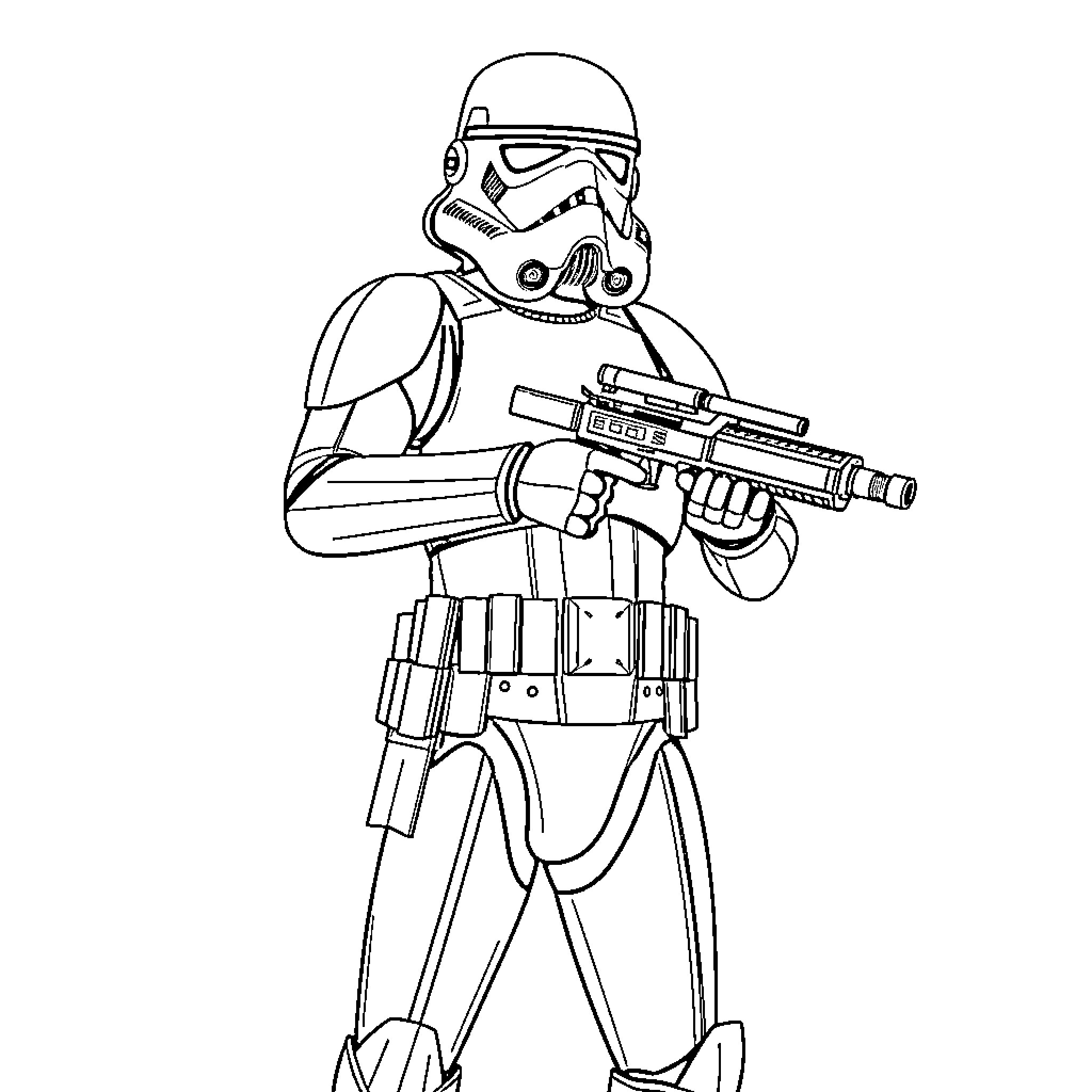 Stormtrooper wielding blaster rifle in combat stance Coloring Page (free black-and-white line drawing printable PDF for all, from beginners to advanced learners, including children, teens, adults, and seniors)