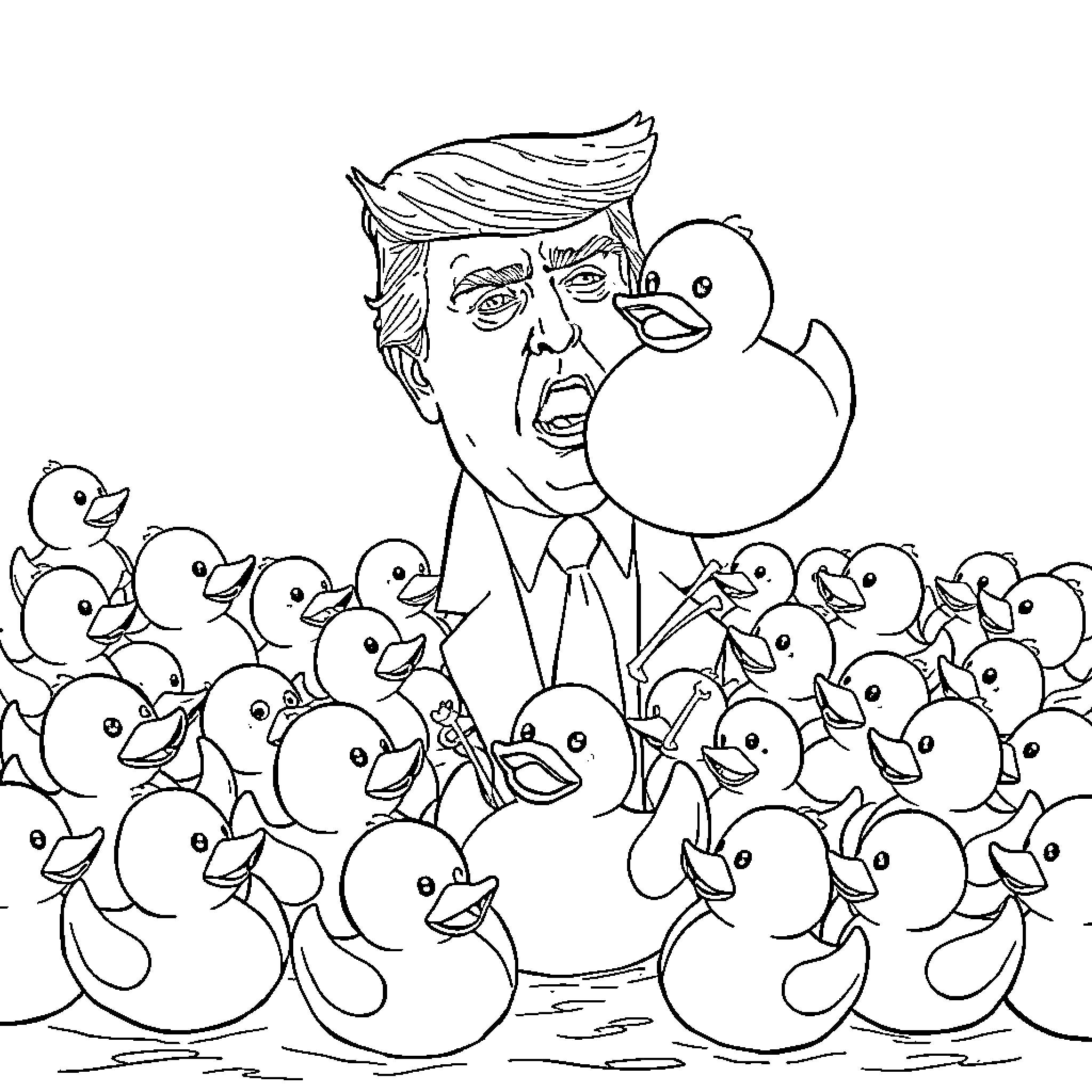 Donald Trump surrounded by baby ducks Coloring Page (free black-and-white line drawing printable PDF for all, from beginners to advanced learners, including children, teens, adults, and seniors)