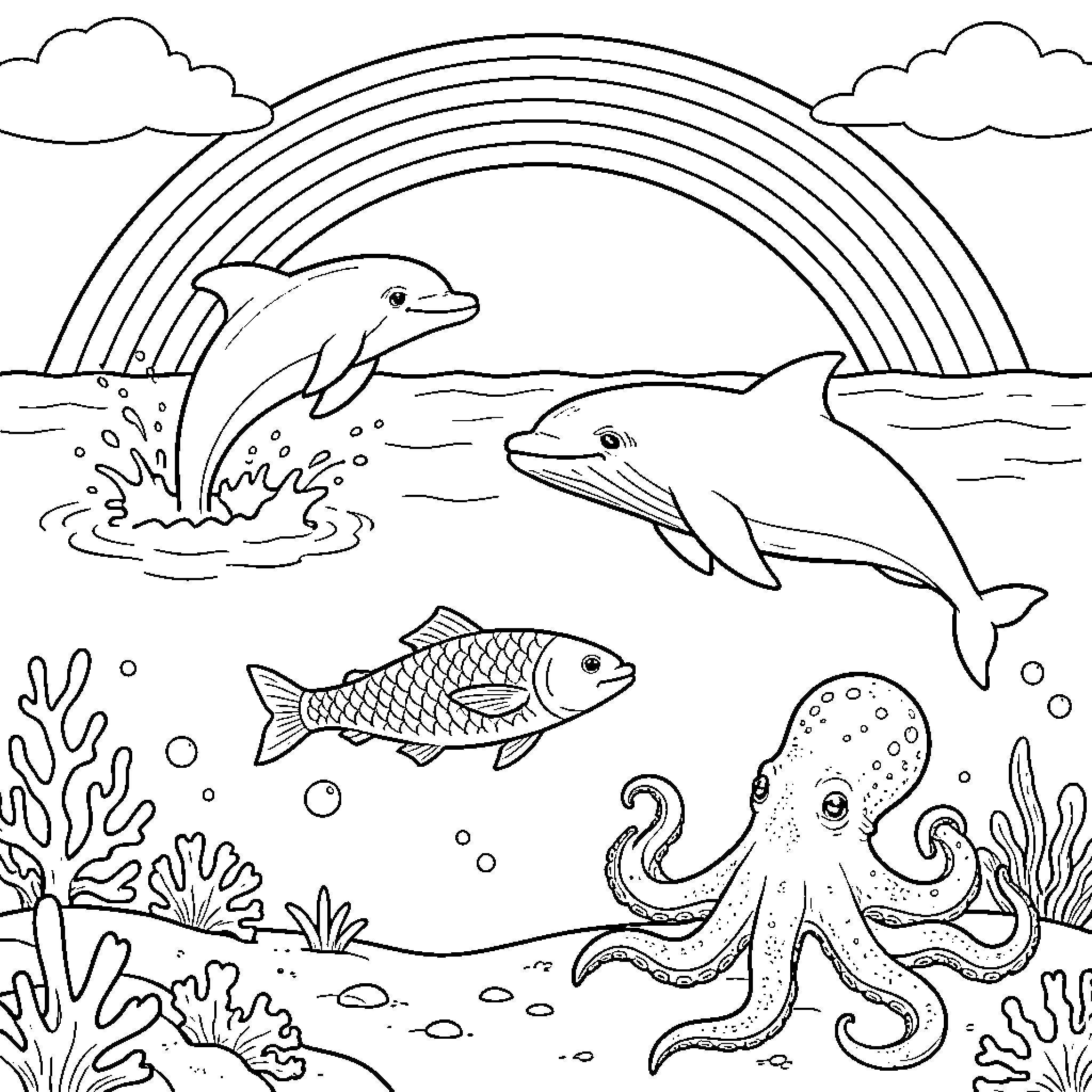 Sea Creature friends swimming under a large rainbow Coloring Page (free black-and-white line drawing printable PDF for all, from beginners to advanced learners, including children, teens, adults, and seniors)