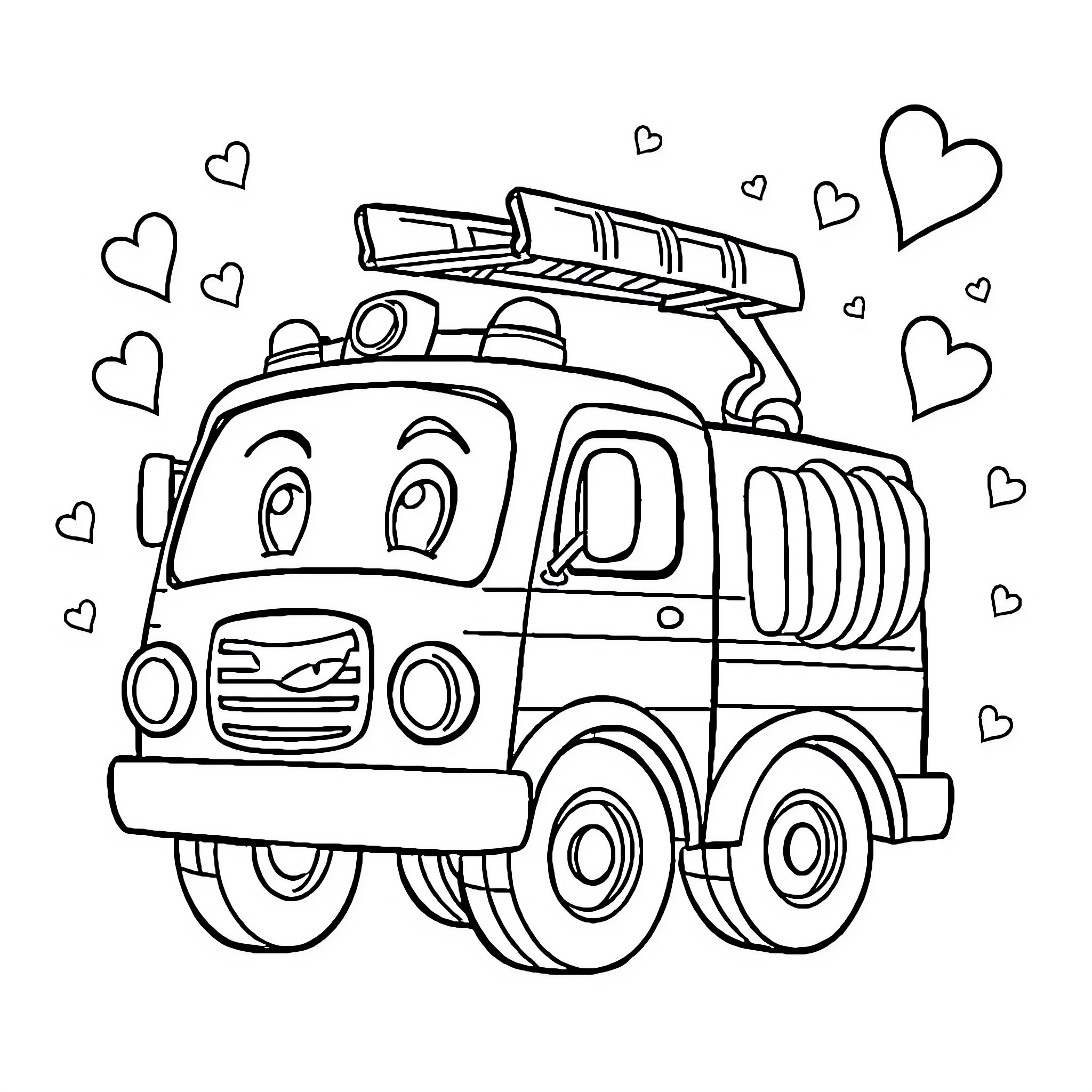 Fire Engine on a Cheerful Adventure Coloring Page (free black-and-white line drawing printable PDF for all, from beginners to advanced learners, including children, teens, adults, and seniors)