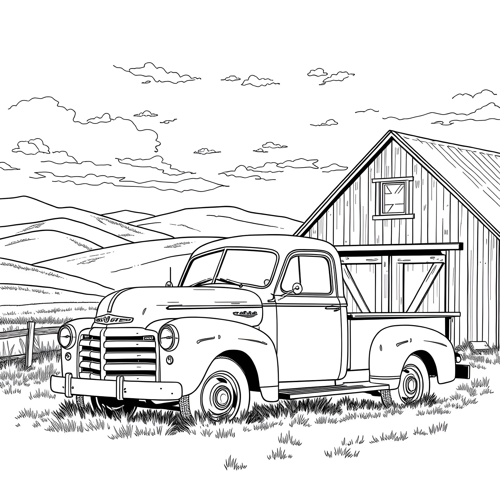 Truck parked next to a rustic barn in the countryside Coloring Page (free black-and-white line drawing printable PDF for all, from beginners to advanced learners, including children, teens, adults, and seniors)