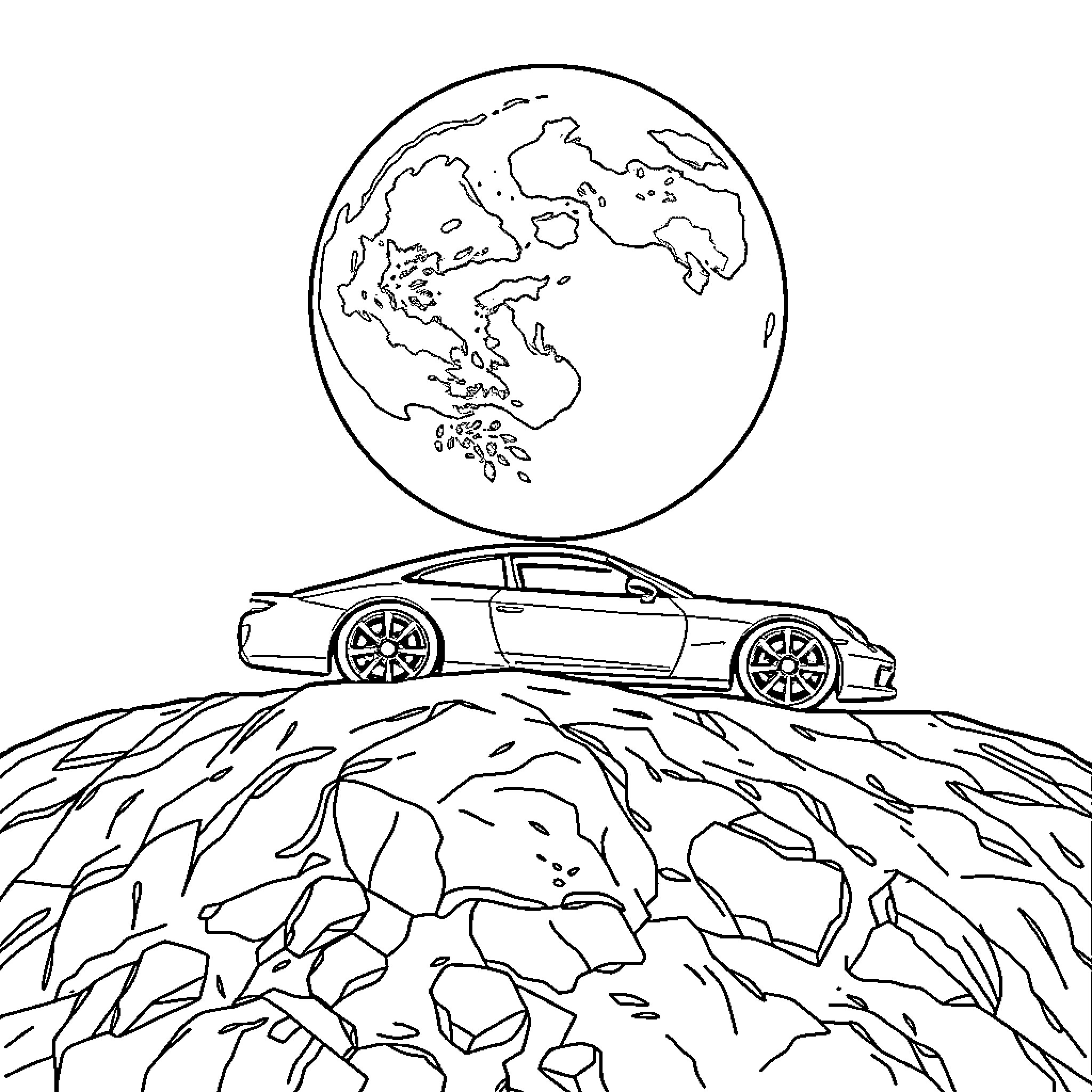 Car on a rocky terrain with the Earth in the background Coloring Page (free black-and-white line drawing printable PDF for all, from beginners to advanced learners, including children, teens, adults, and seniors)
