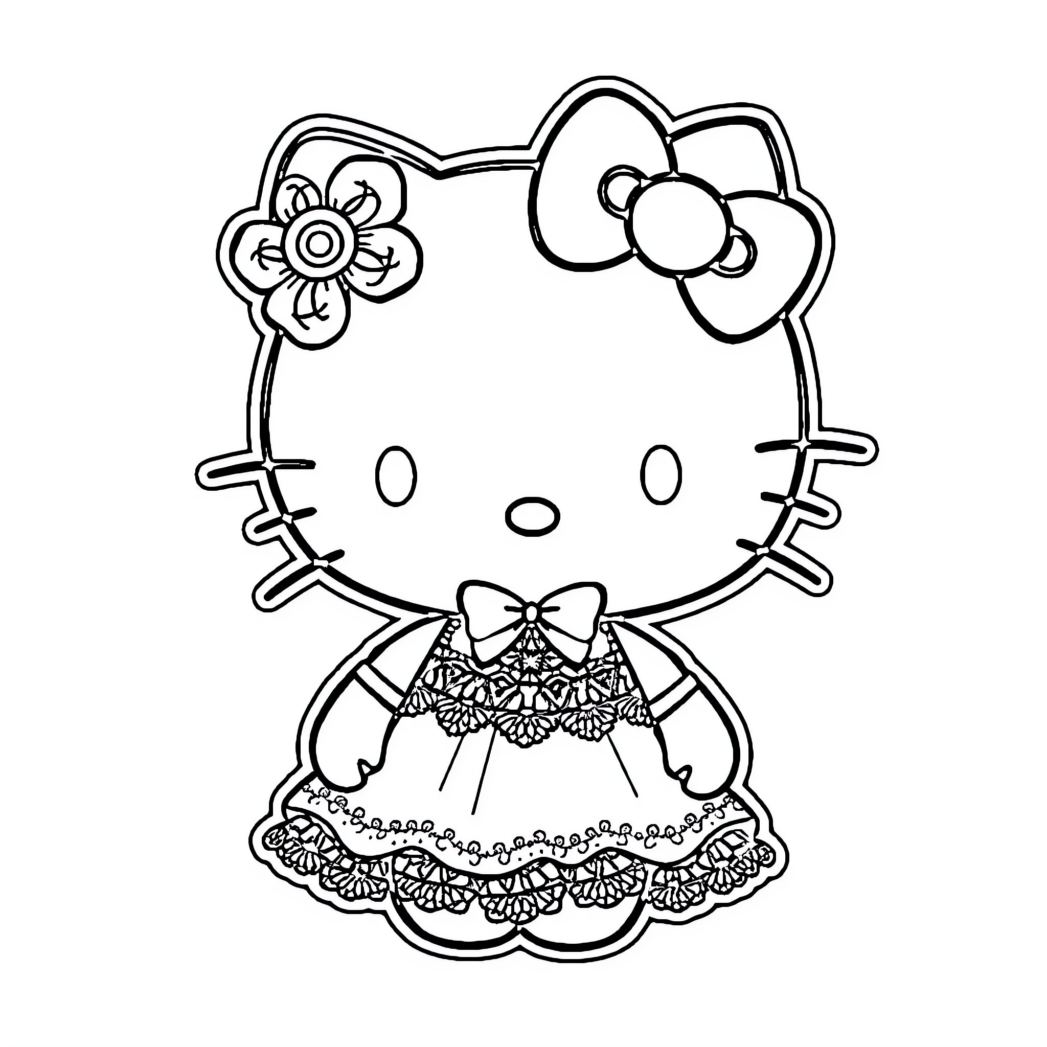 Hello Kitty in a fancy dress Coloring Page (free black-and-white line drawing printable PDF for all, from beginners to advanced learners, including children, teens, adults, and seniors)