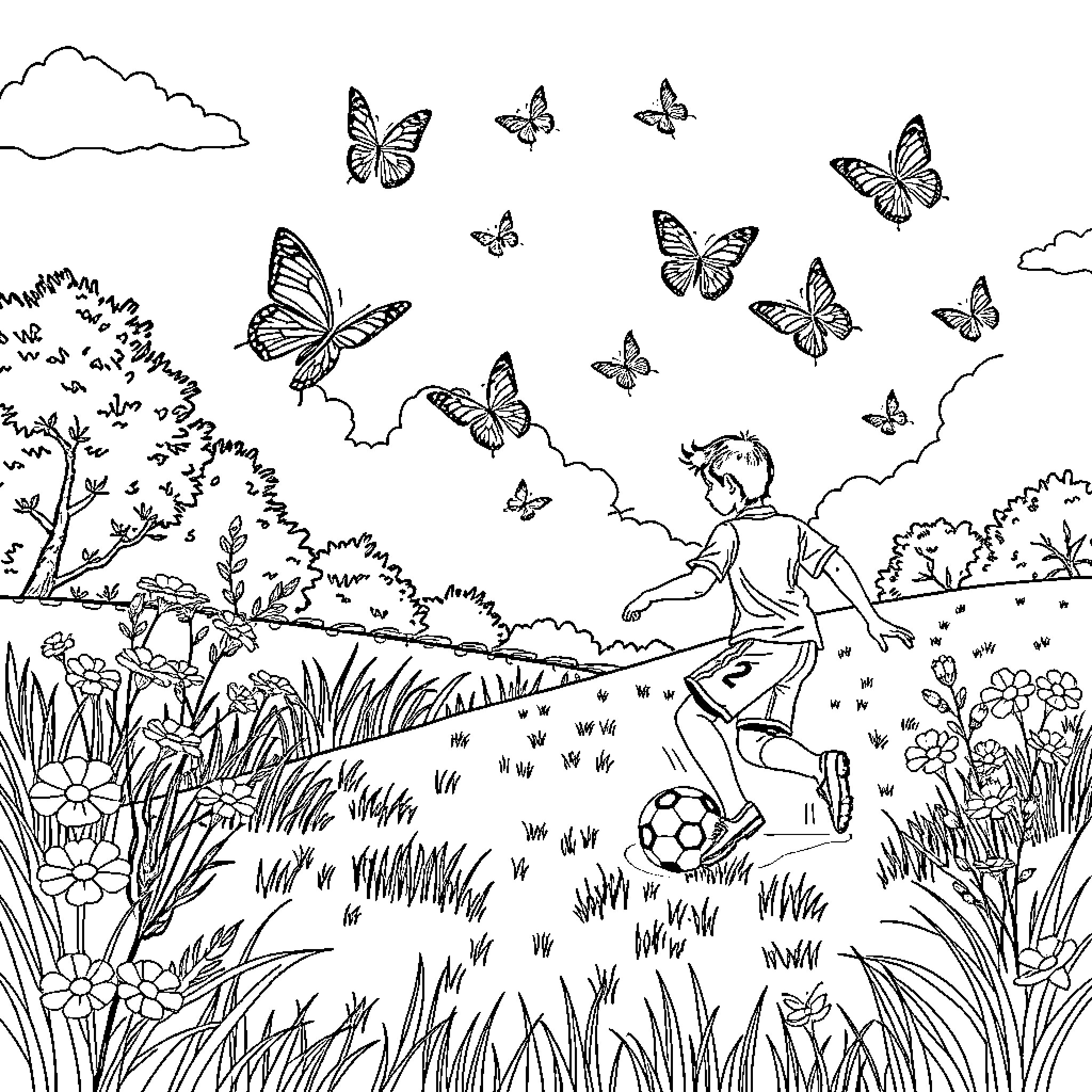 Butterfly Meadow with Playful Child Coloring Page (free black-and-white line drawing printable PDF for all, from beginners to advanced learners, including children, teens, adults, and seniors)