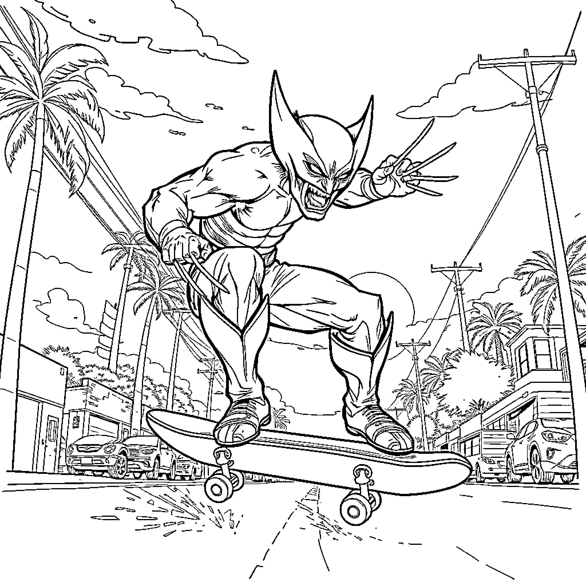 Wolverine Skateboarding Through Tropical Scene Coloring Page (free black-and-white line drawing printable PDF for all, from beginners to advanced learners, including children, teens, adults, and seniors)