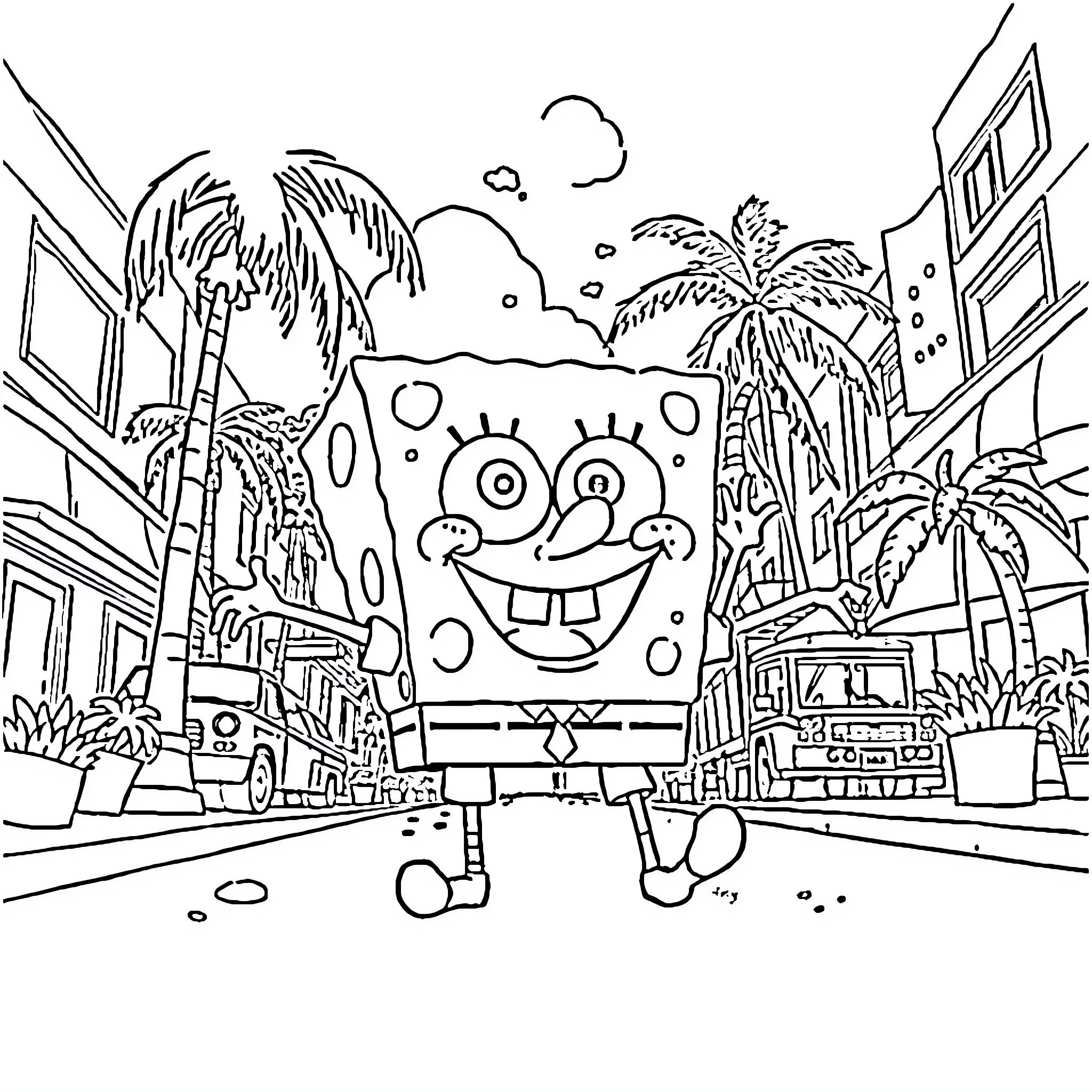 Spongebob's Sunny Beach Adventure Coloring Page (free black-and-white line drawing printable PDF for all, from beginners to advanced learners, including children, teens, adults, and seniors)
