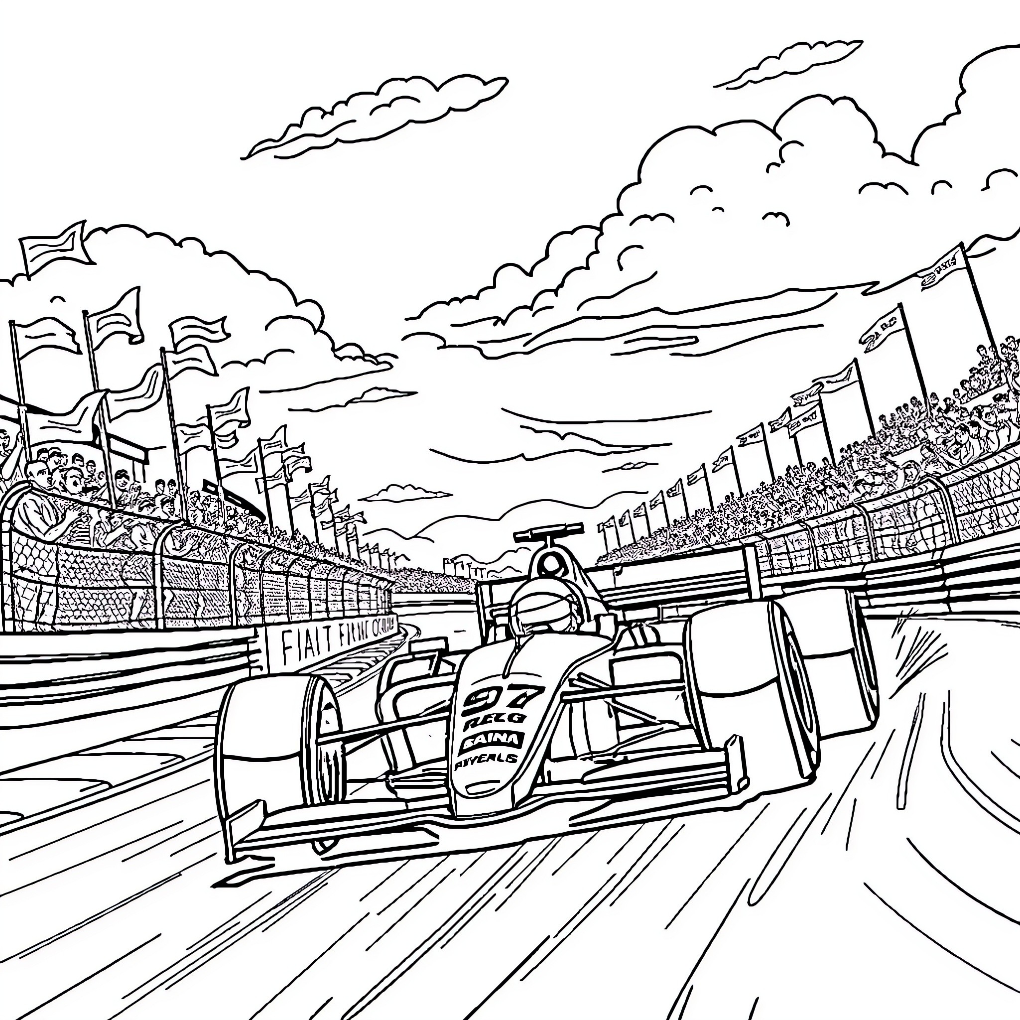 Formula One Car Racing on the Circuit Coloring Page (free black-and-white line drawing printable PDF for all, from beginners to advanced learners, including children, teens, adults, and seniors)