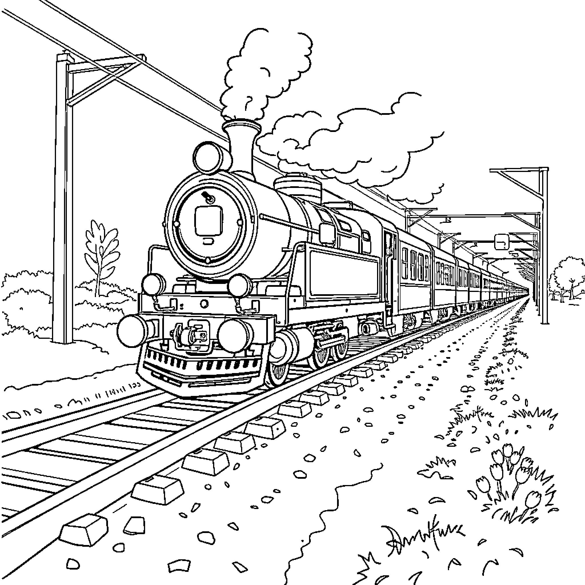 Train steaming along the tracks through a landscape Coloring Page (free black-and-white line drawing printable PDF for all, from beginners to advanced learners, including children, teens, adults, and seniors)