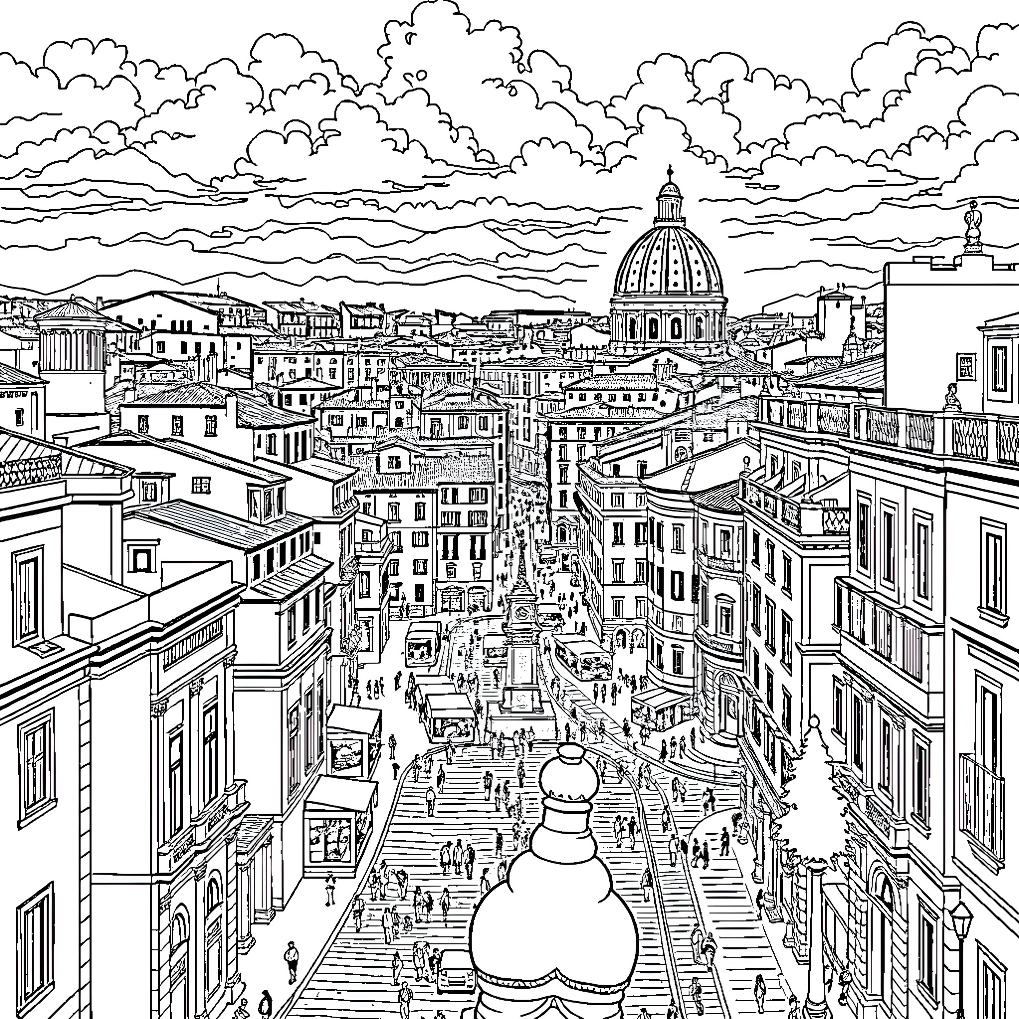 Rome: Bustling city life in the historic district Coloring Page (free black-and-white line drawing printable PDF for all, from beginners to advanced learners, including children, teens, adults, and seniors)