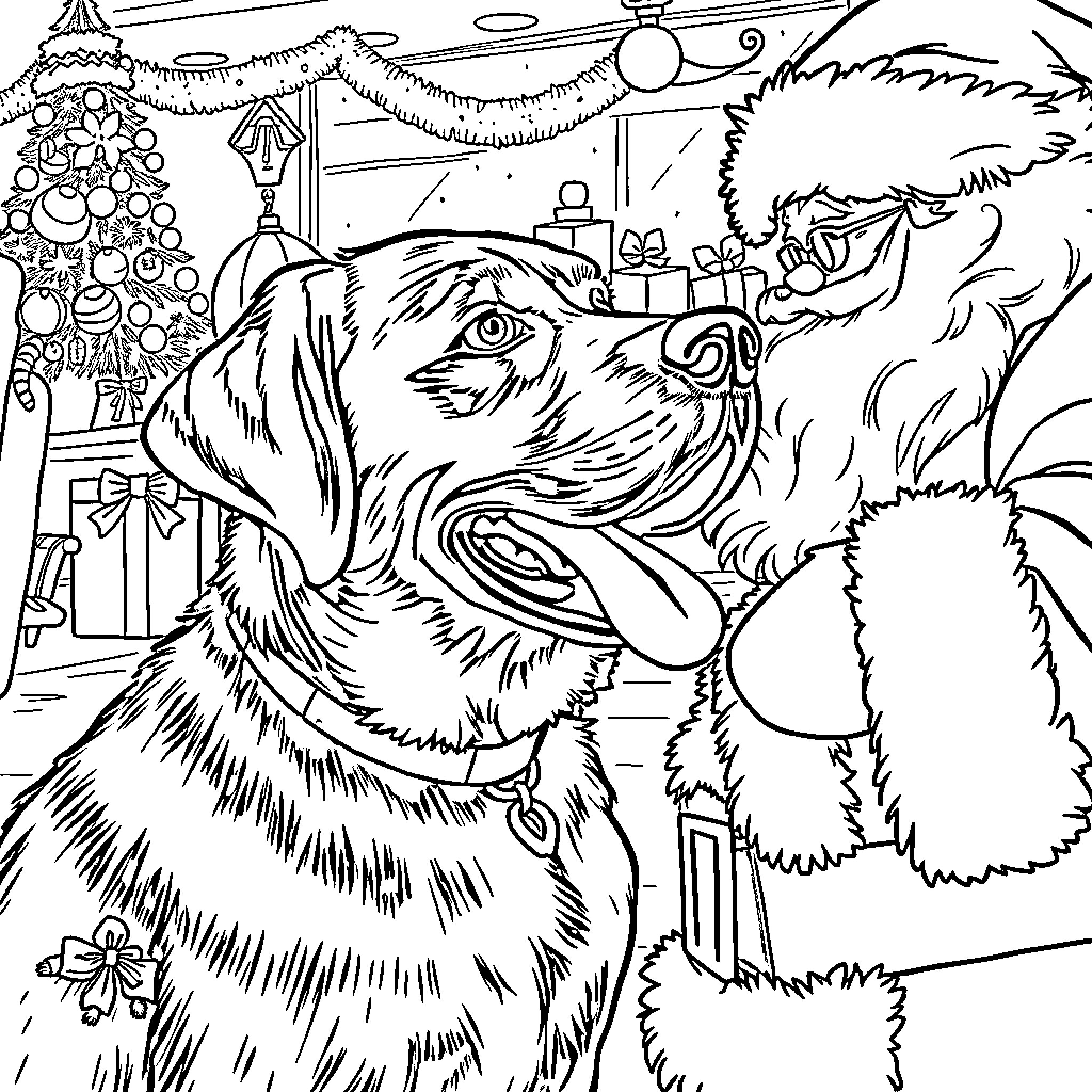 Labrador Exploring Christmas Decorations Coloring Page (free black-and-white line drawing printable PDF for all, from beginners to advanced learners, including children, teens, adults, and seniors)