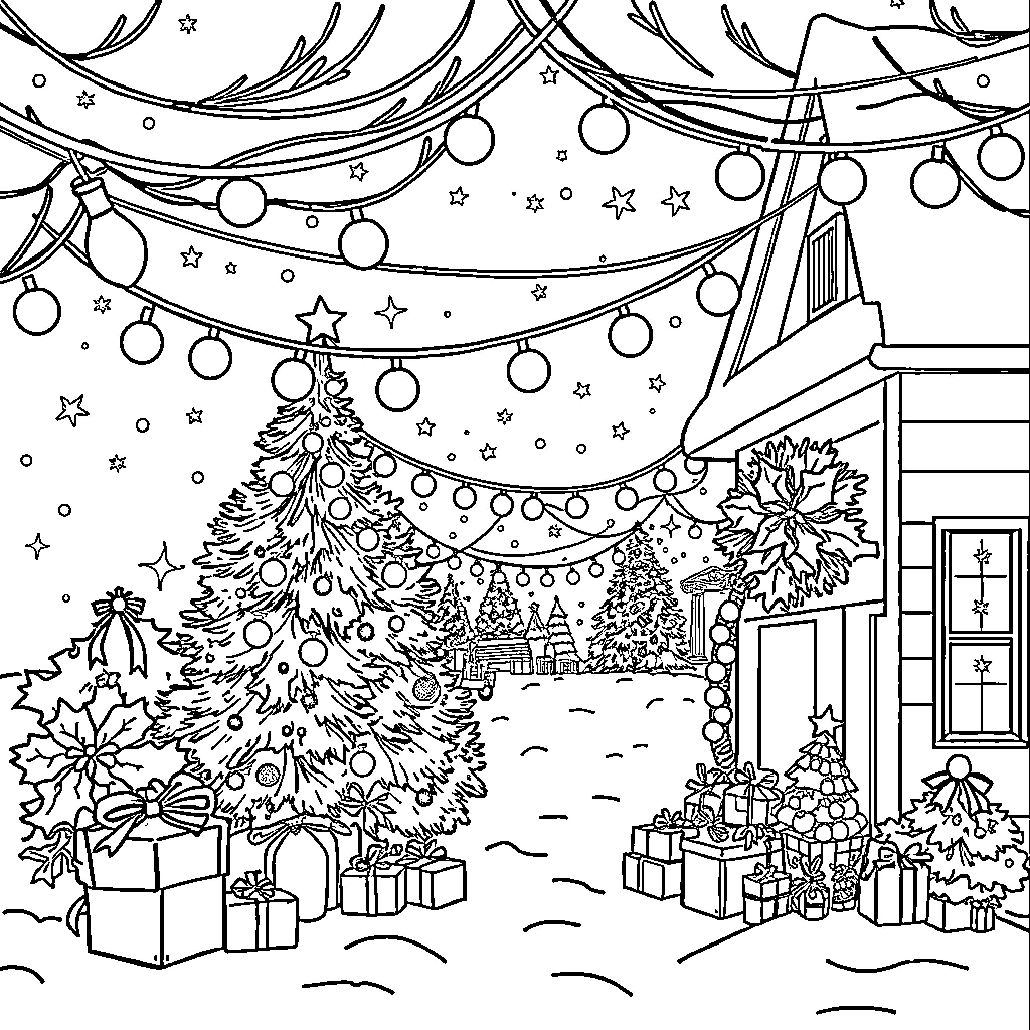 Christmas Celebration Scene with Decorated Tree and Gifts Coloring Page (free black-and-white line drawing printable PDF for all, from beginners to advanced learners, including children, teens, adults, and seniors)