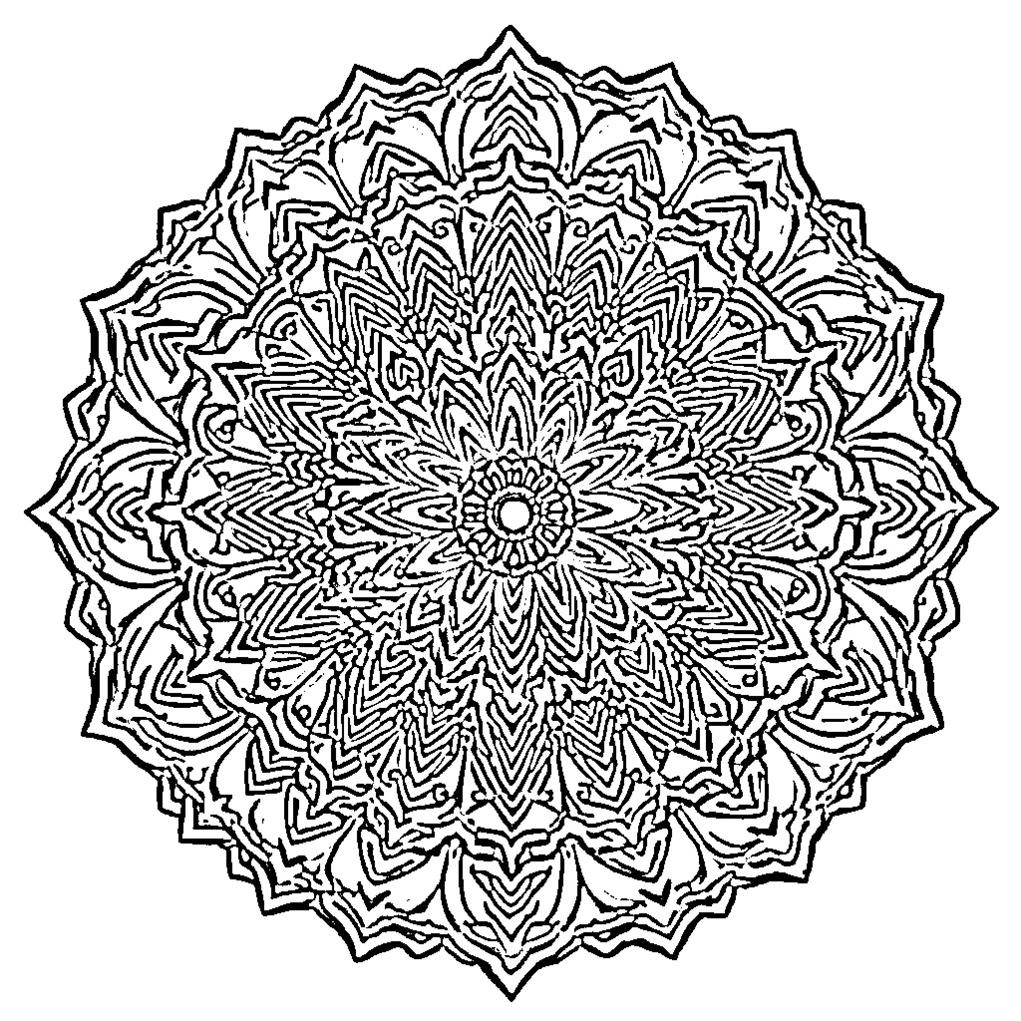 Mandala with intricate symmetrical pattern Coloring Page (free black-and-white line drawing printable PDF for all, from beginners to advanced learners, including children, teens, adults, and seniors)
