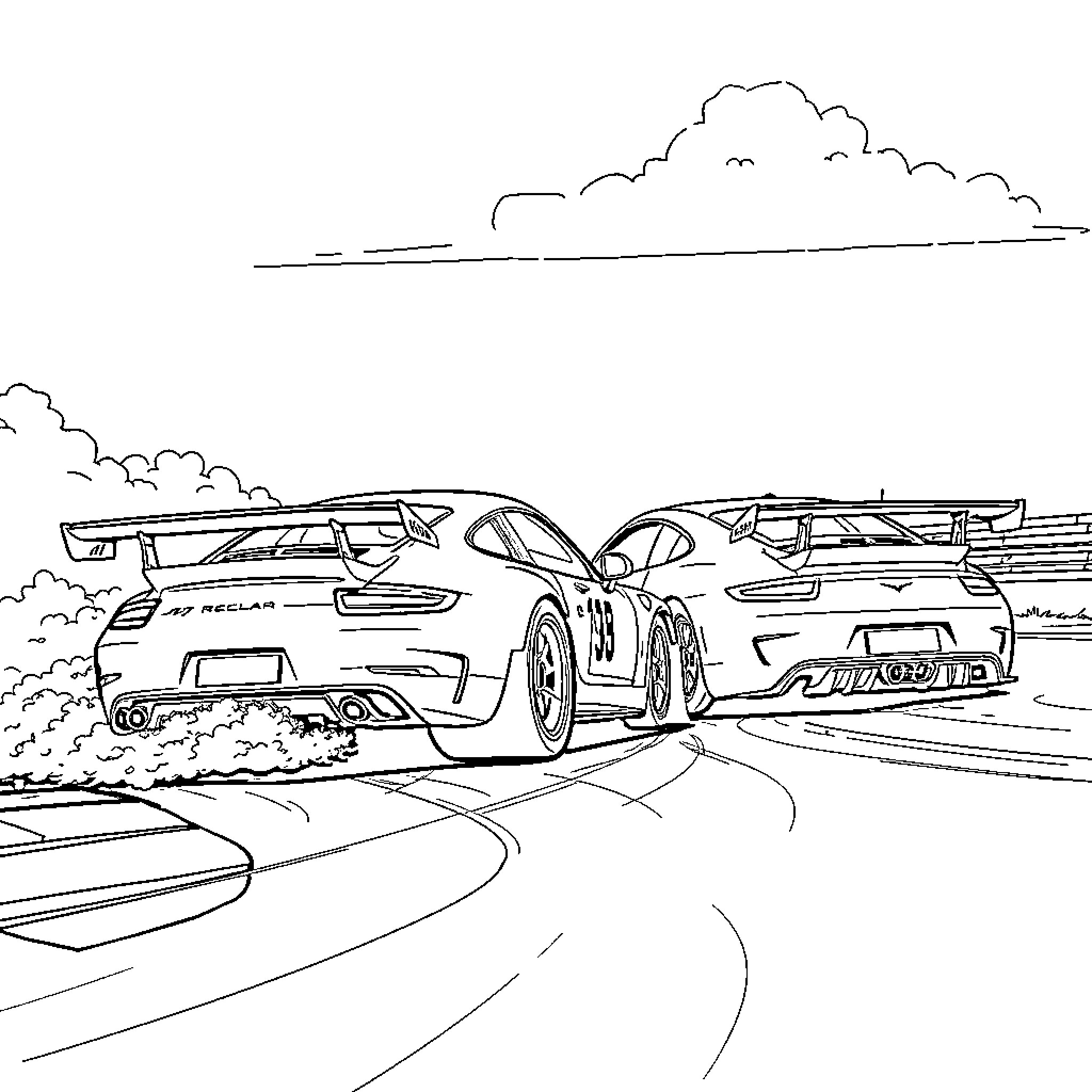 Race Car Action on Track Coloring Page (free black-and-white line drawing printable PDF for all, from beginners to advanced learners, including children, teens, adults, and seniors)