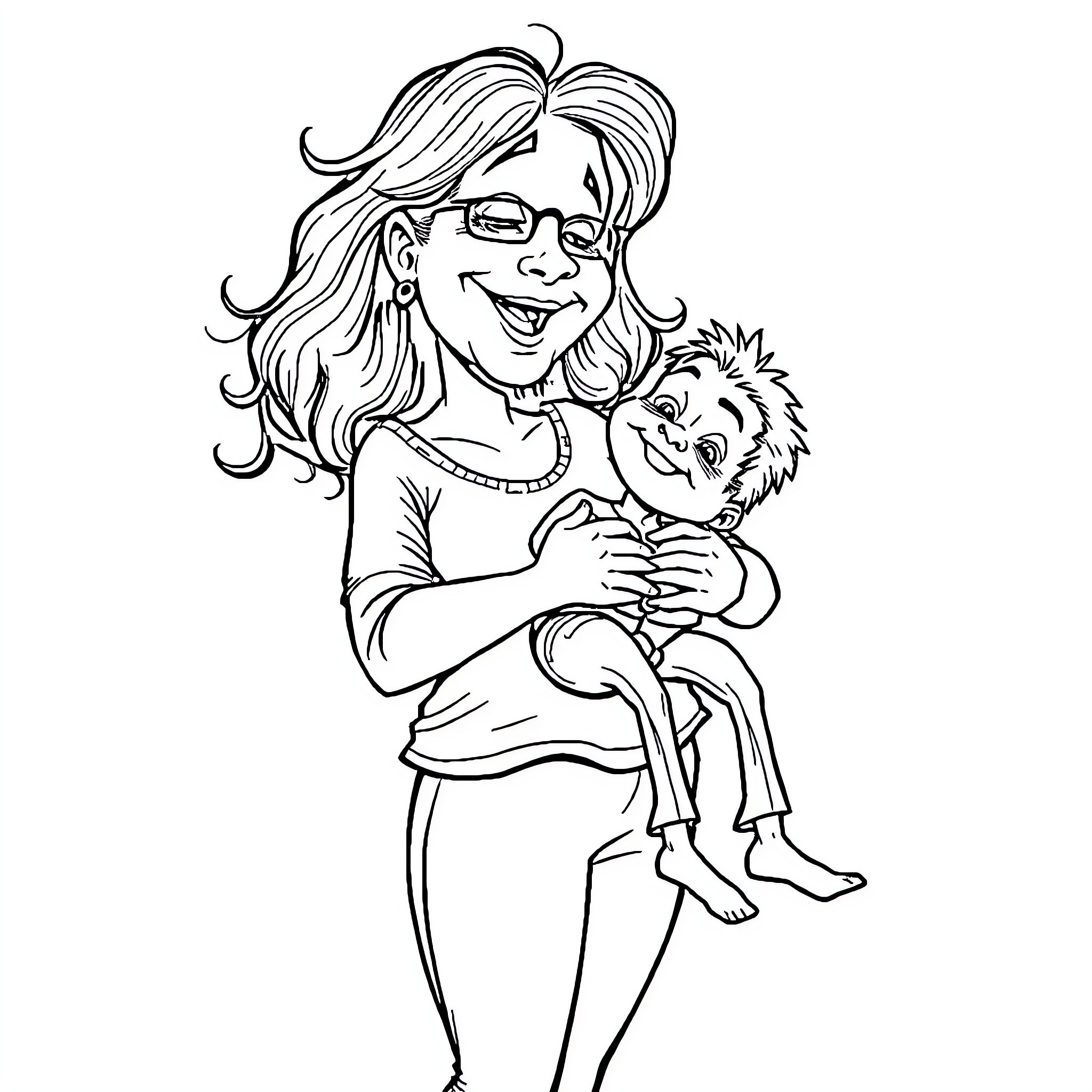 Woman embracing a cute animal companion Coloring Page (free black-and-white line drawing printable PDF for all, from beginners to advanced learners, including children, teens, adults, and seniors)