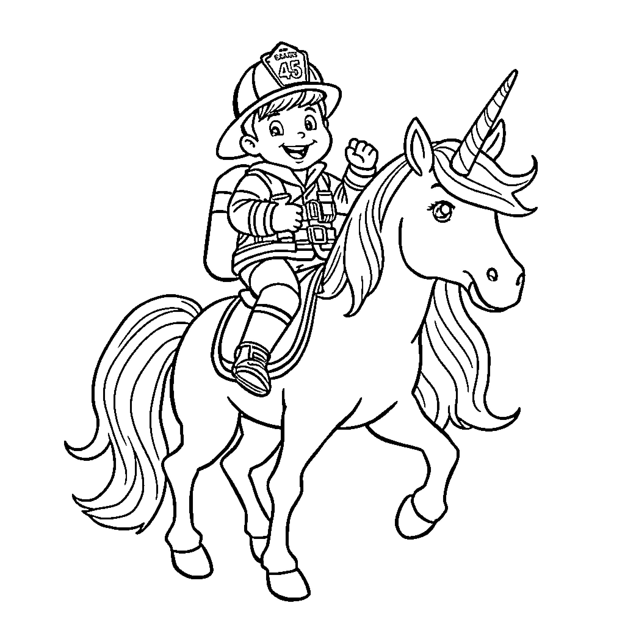 Fireman Sam riding a unicorn in action Coloring Page (free black-and-white line drawing printable PDF for all, from beginners to advanced learners, including children, teens, adults, and seniors)