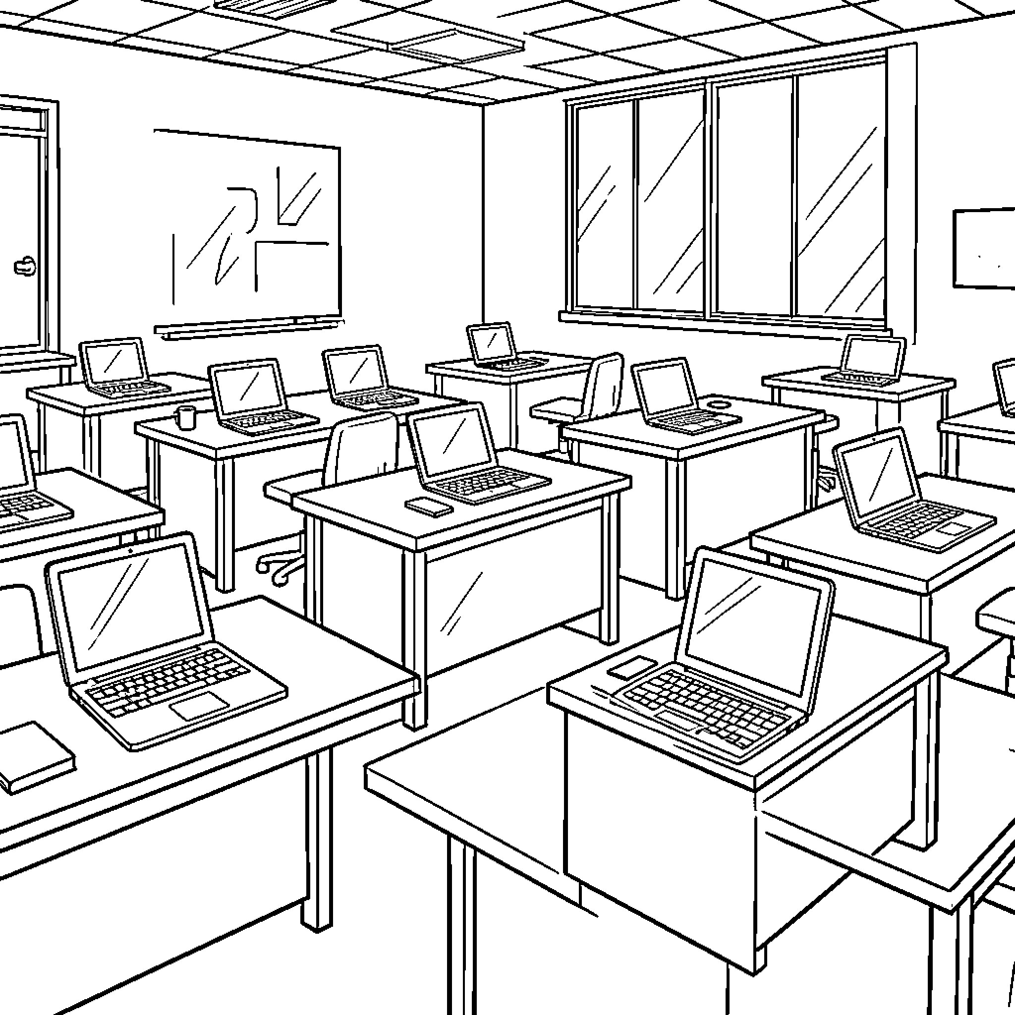 Laptop computers arranged on desks in a classroom Coloring Page (free black-and-white line drawing printable PDF for all, from beginners to advanced learners, including children, teens, adults, and seniors)