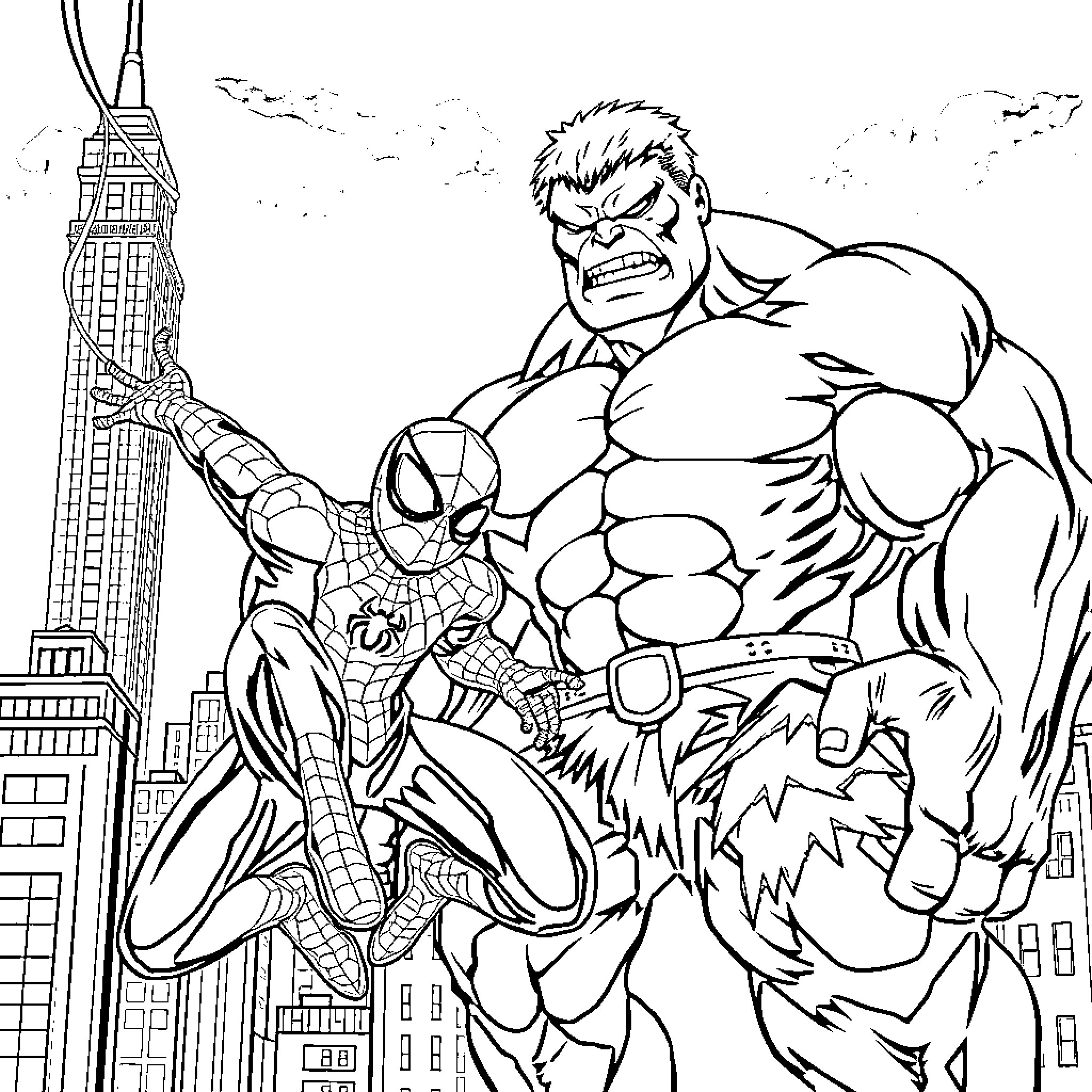 Spider-Man battles against a mighty foe in the city Coloring Page (free black-and-white line drawing printable PDF for all, from beginners to advanced learners, including children, teens, adults, and seniors)