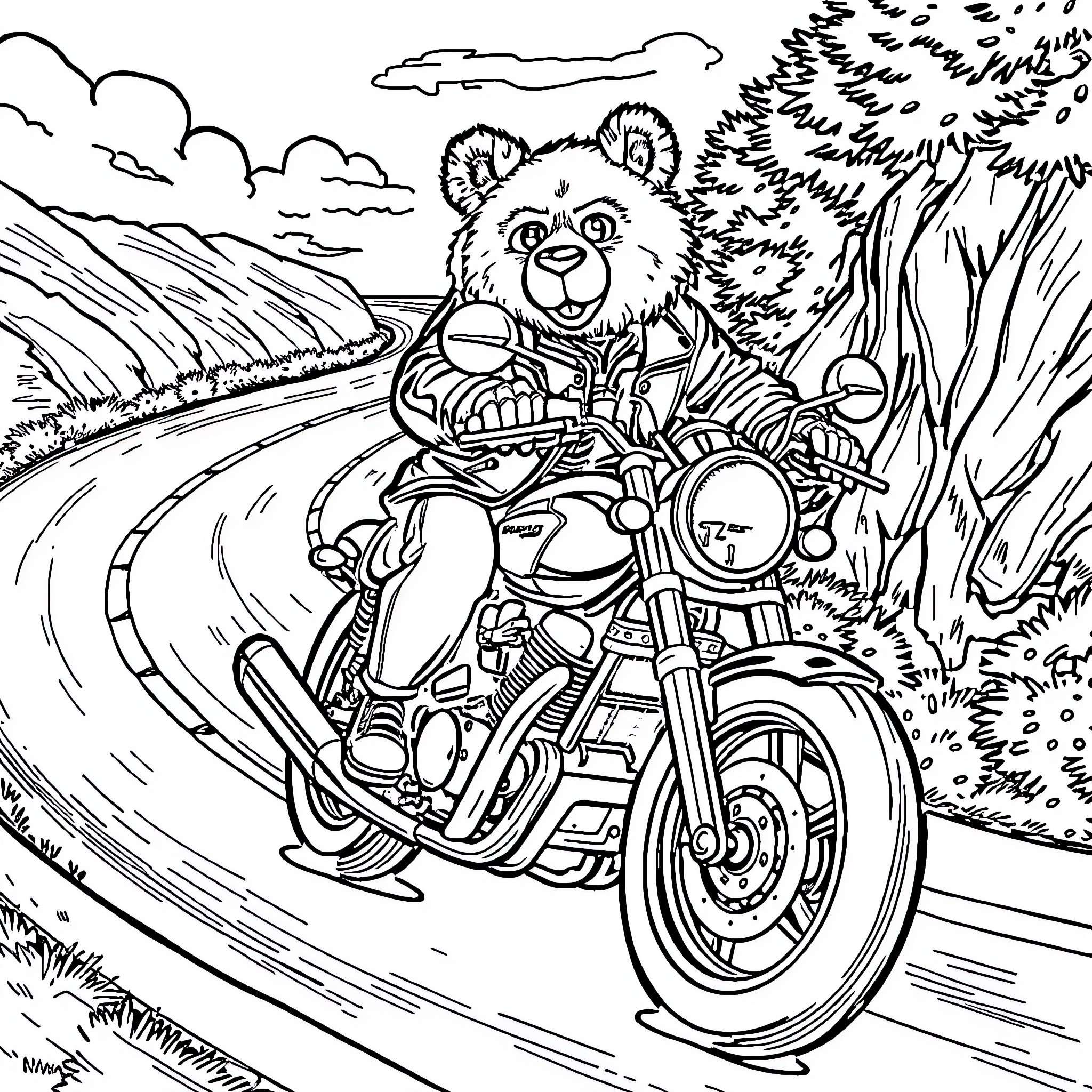 Bearus riding a motorcycle through the countryside Coloring Page (free black-and-white line drawing printable PDF for all, from beginners to advanced learners, including children, teens, adults, and seniors)