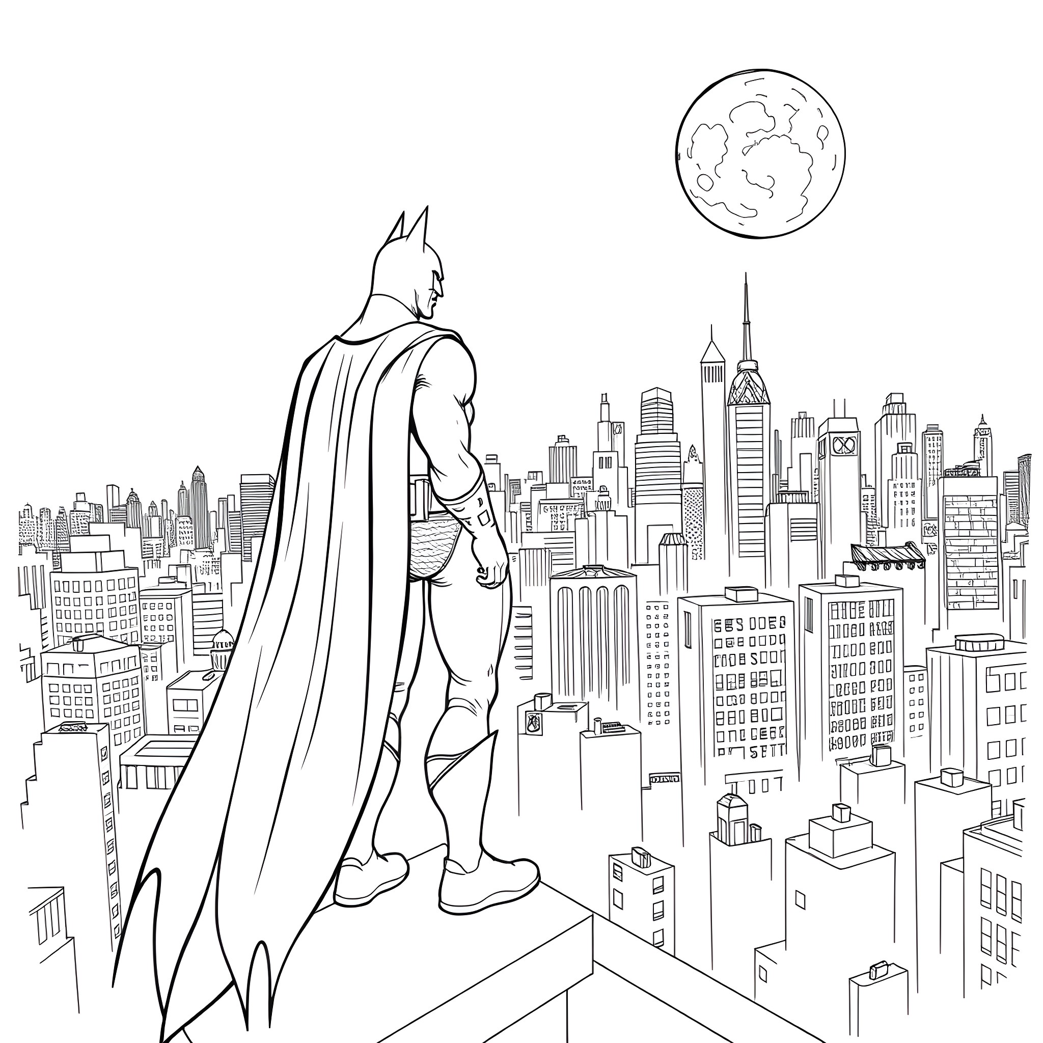 Batman overlooking the bustling city at night Coloring Page (free black-and-white line drawing printable PDF for all, from beginners to advanced learners, including children, teens, adults, and seniors)