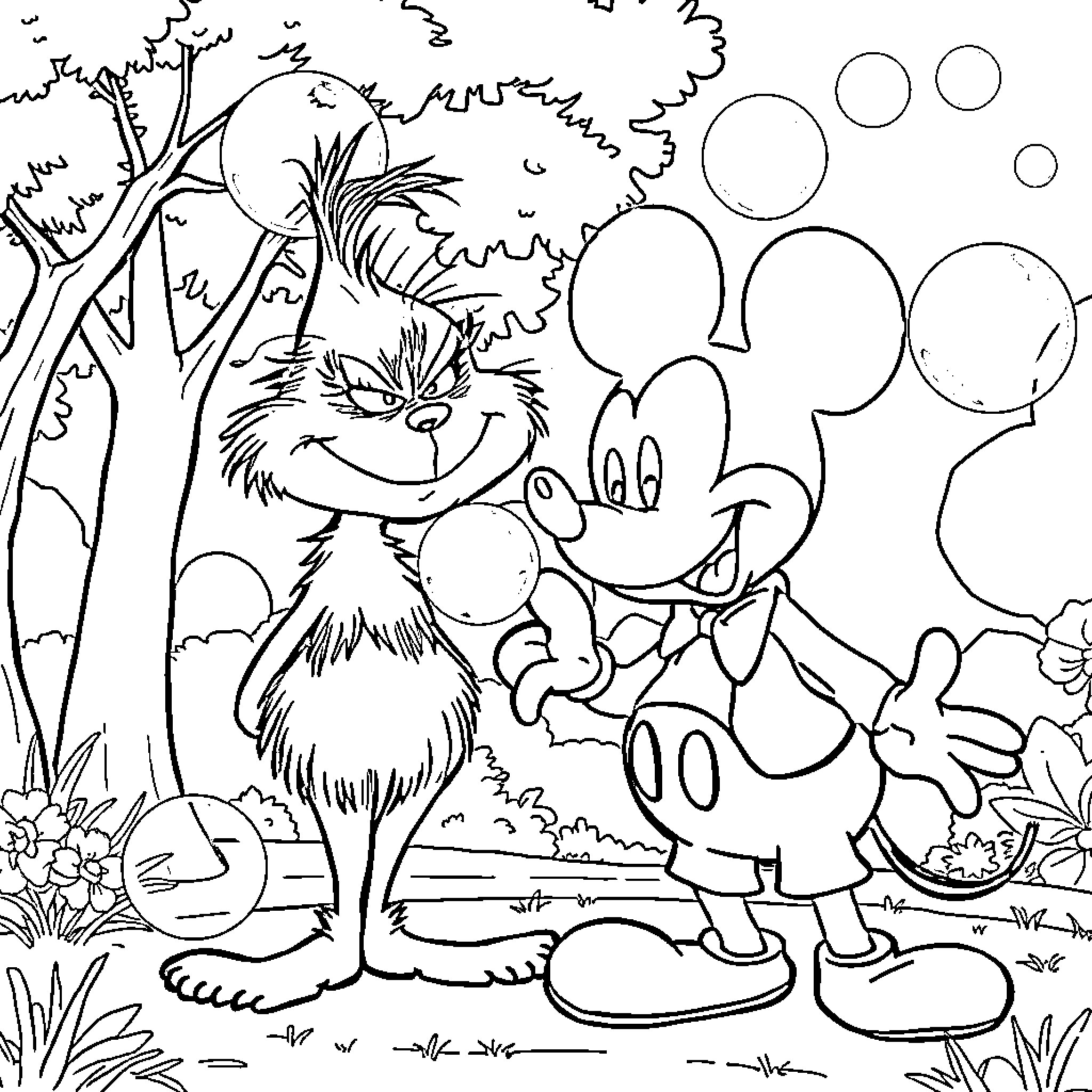 Grinch and Mickey Mouse Enjoy Nature's Beauty Coloring Page (free black-and-white line drawing printable PDF for all, from beginners to advanced learners, including children, teens, adults, and seniors)