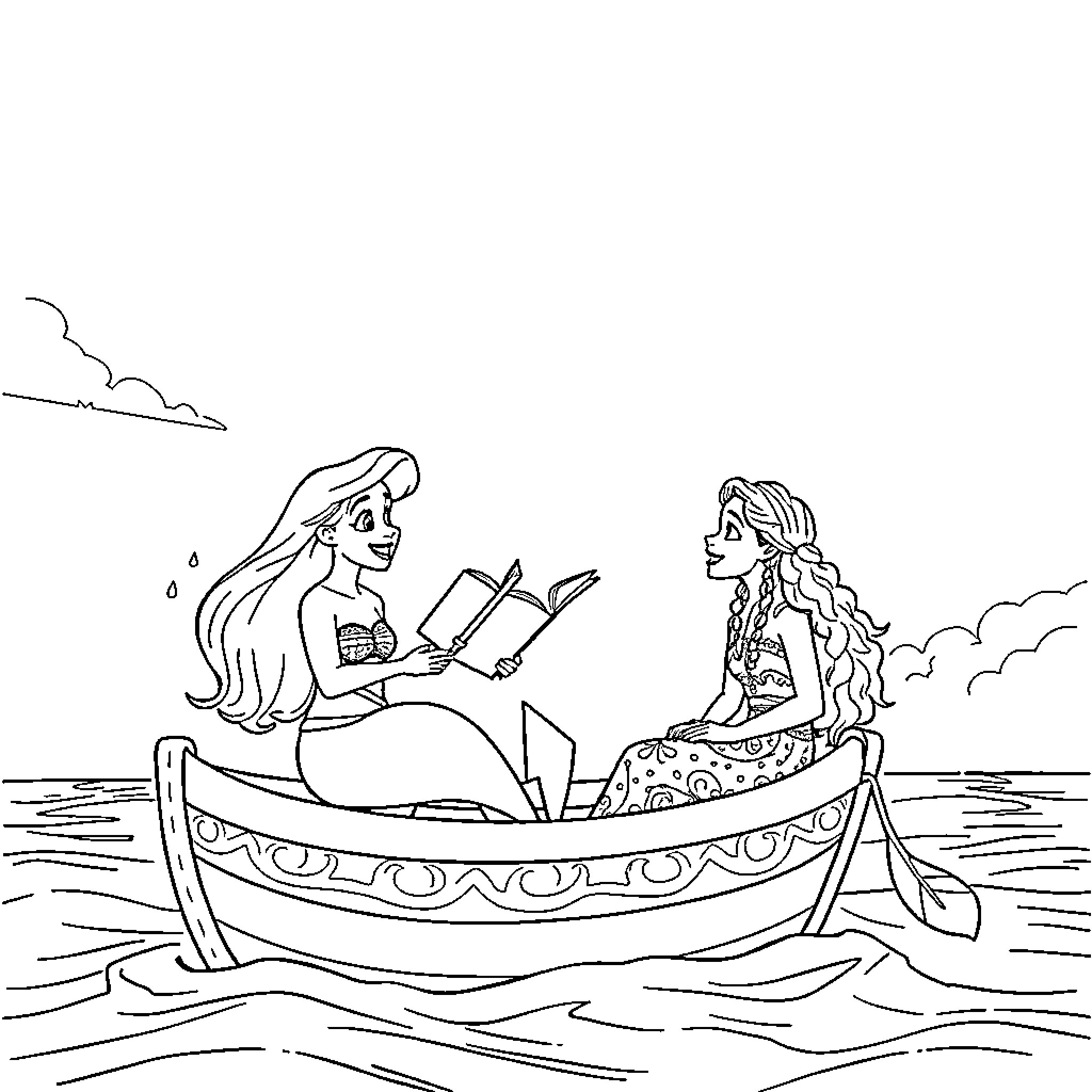 Arial women enjoying a boat ride on the water Coloring Page (free black-and-white line drawing printable PDF for all, from beginners to advanced learners, including children, teens, adults, and seniors)