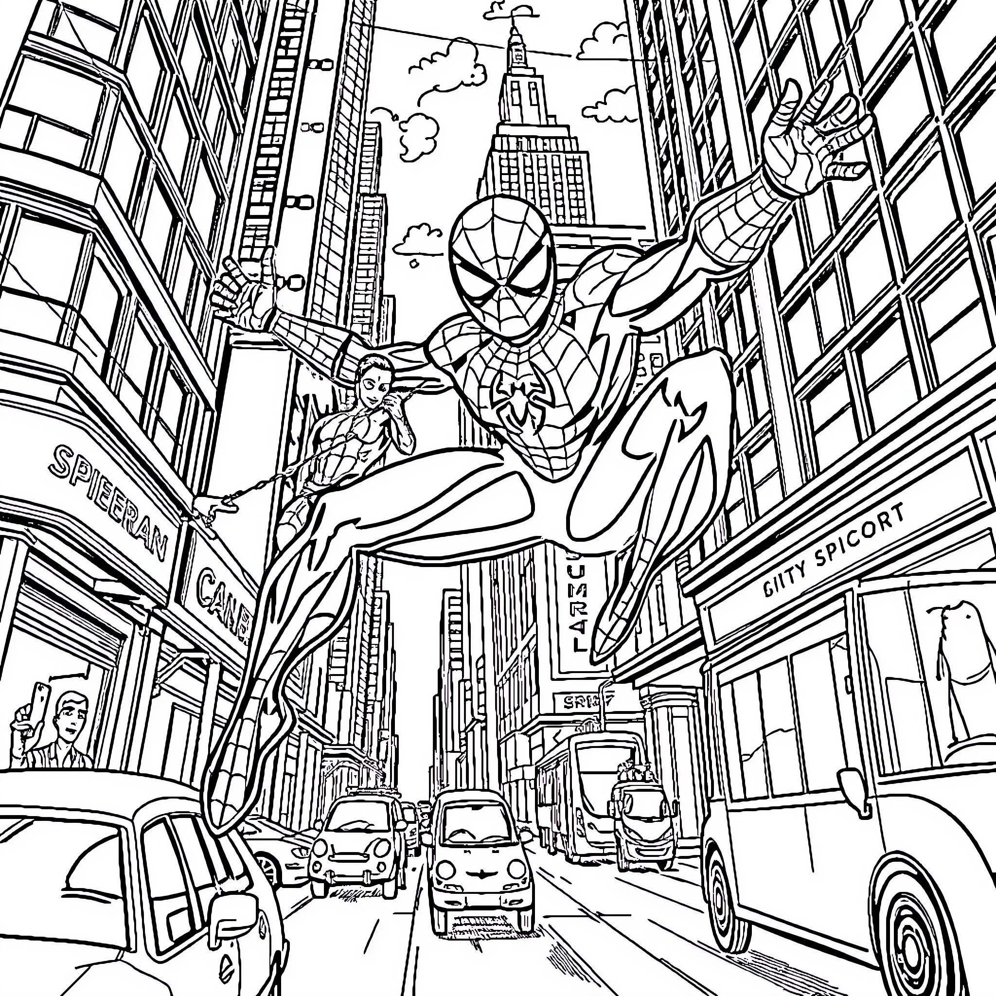 Spider-Man Swinging Through Vibrant City Skyline Coloring Page (free black-and-white line drawing printable PDF for all, from beginners to advanced learners, including children, teens, adults, and seniors)