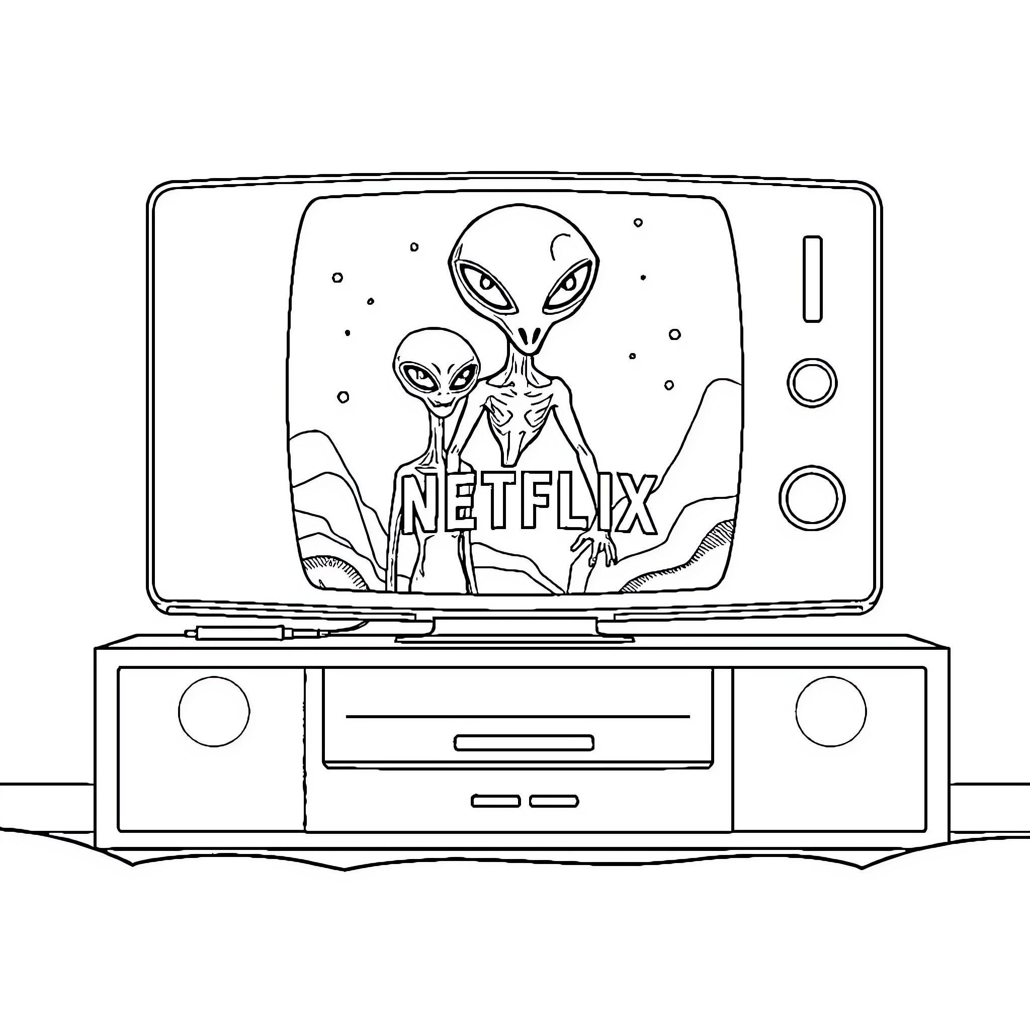 Alien Duo Watching Netflix on Futuristic Television Coloring Page (free black-and-white line drawing printable PDF for all, from beginners to advanced learners, including children, teens, adults, and seniors)