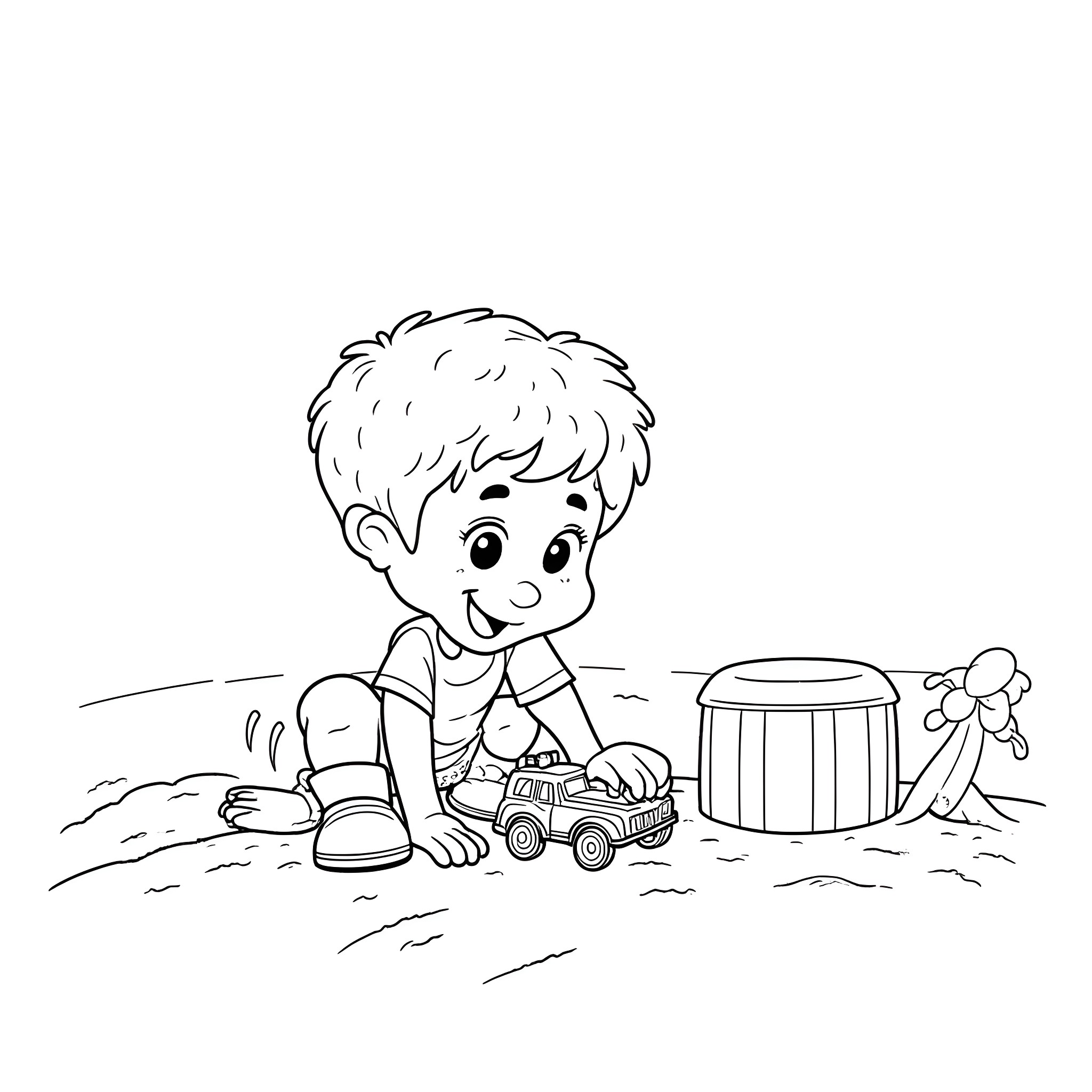 Boy playing with toy car and bucket on the ground Coloring Page (free black-and-white line drawing printable PDF for all, from beginners to advanced learners, including children, teens, adults, and seniors)