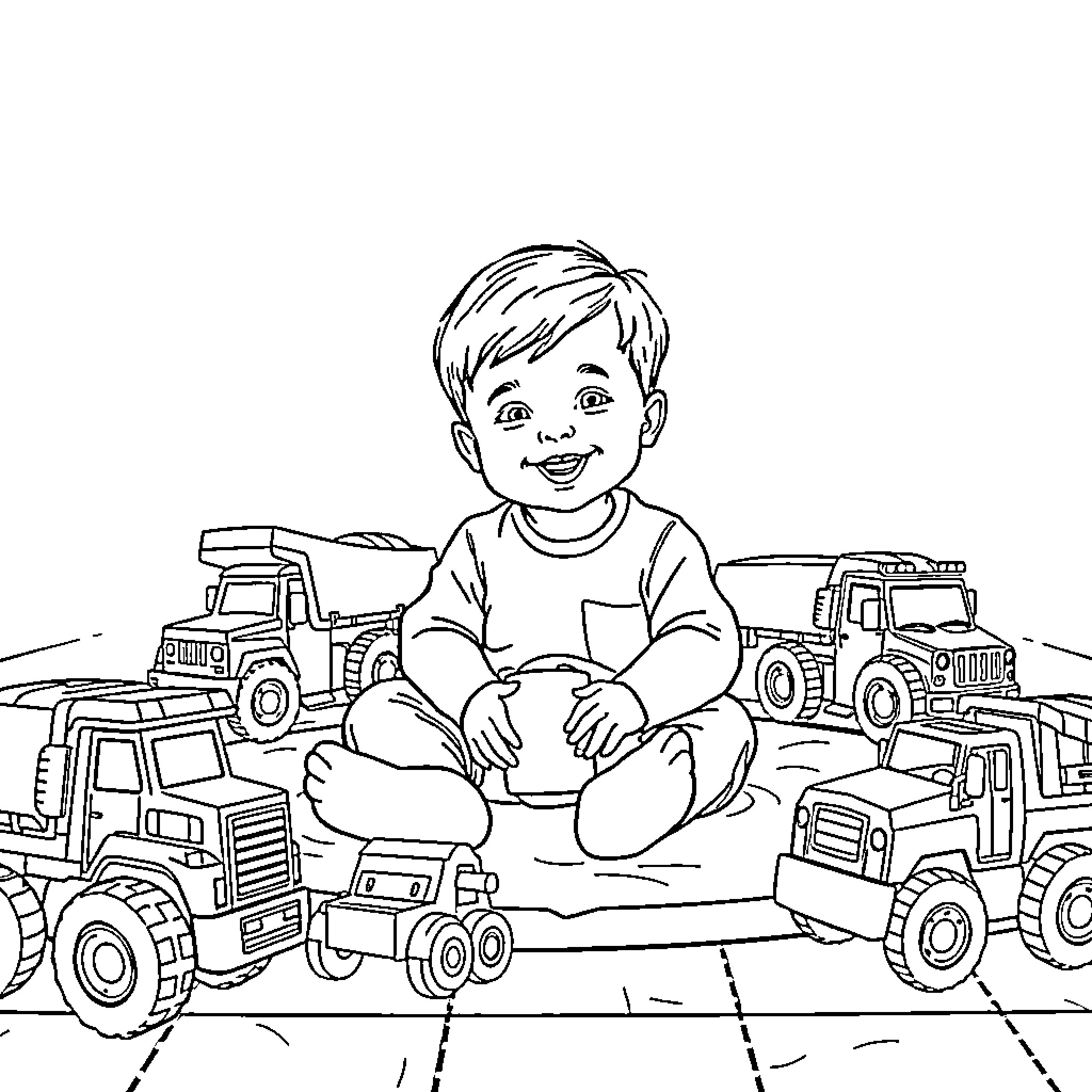 Boy playing with toy trucks on the floor Coloring Page (free black-and-white line drawing printable PDF for all, from beginners to advanced learners, including children, teens, adults, and seniors)