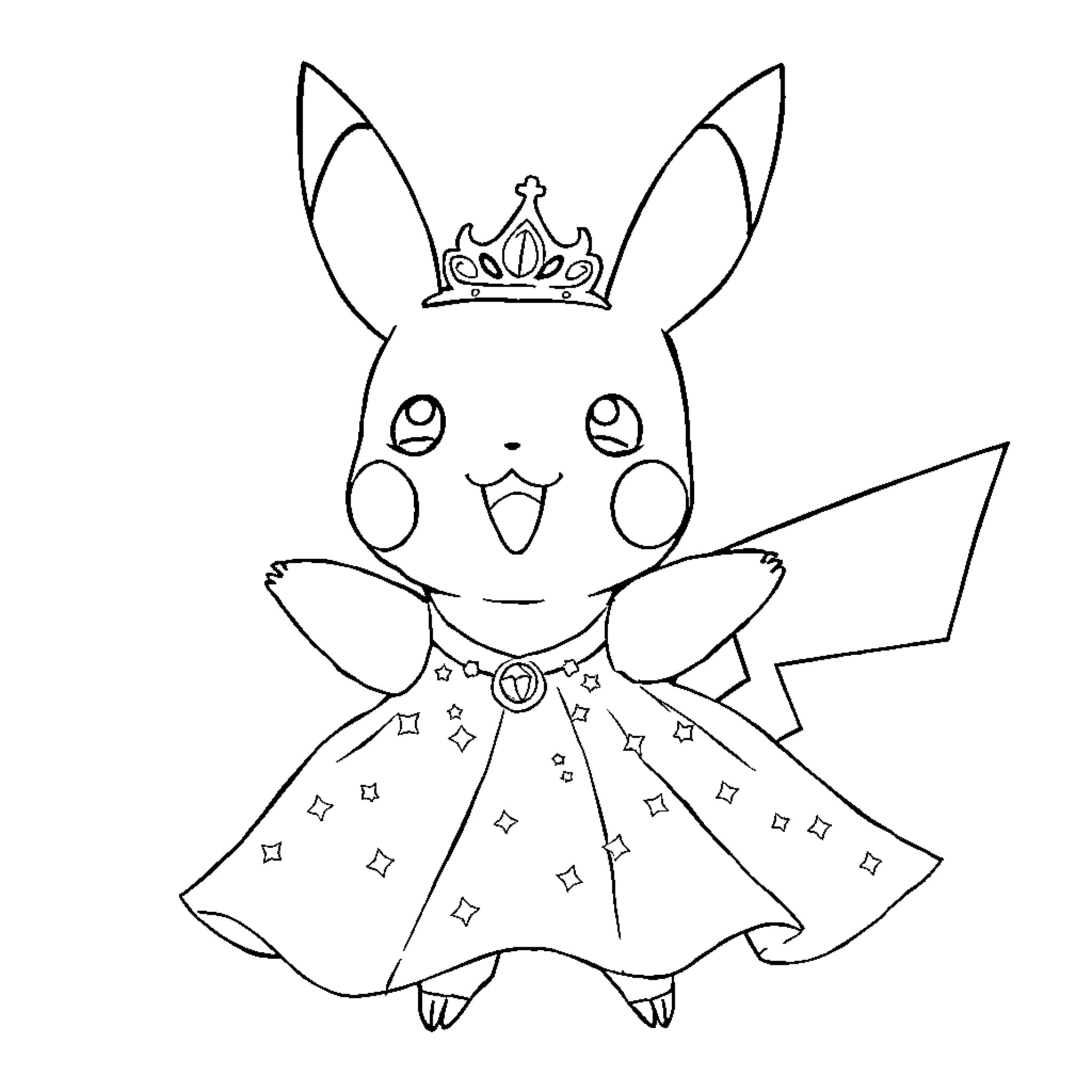 Pikachu dressed as a royal princess Coloring Page (free black-and-white line drawing printable PDF for all, from beginners to advanced learners, including children, teens, adults, and seniors)
