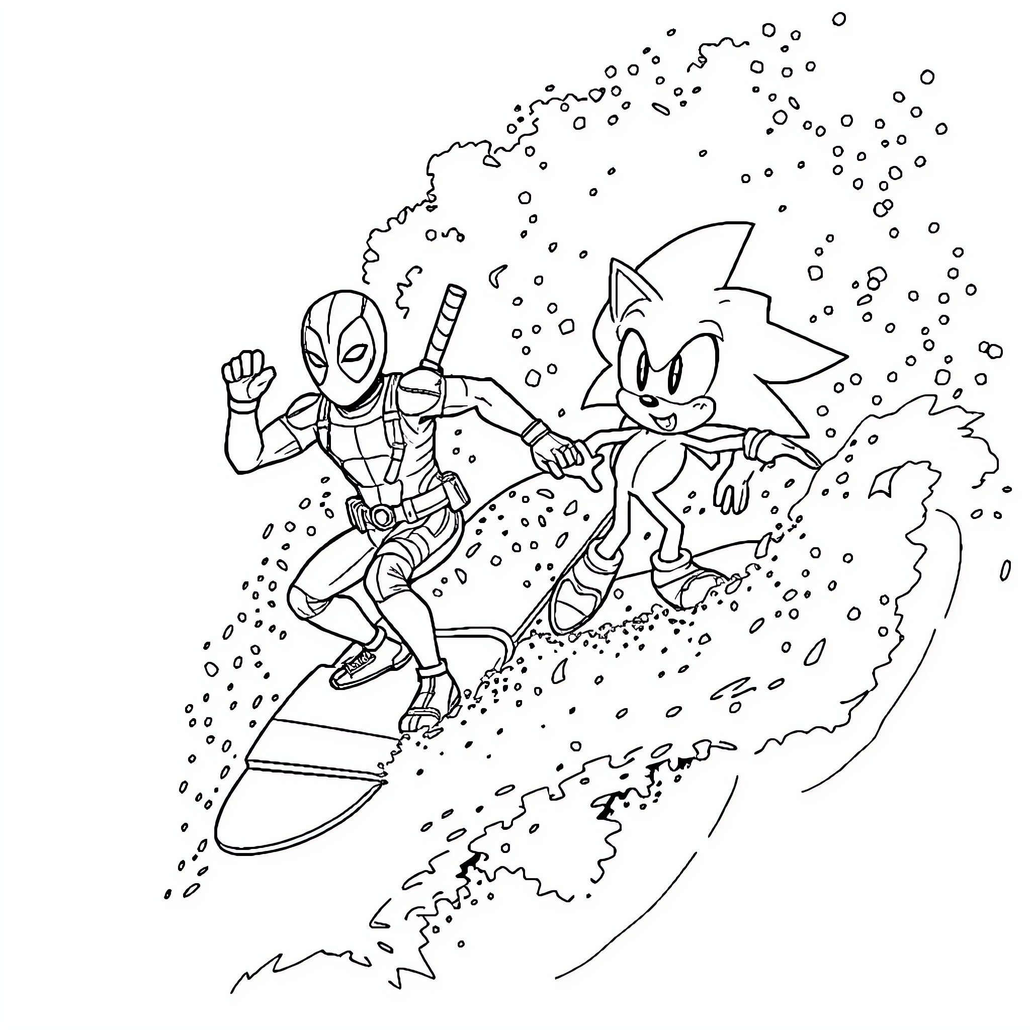 Deadpool and Sonic the Hedgehog riding a surfboard together Coloring Page (free black-and-white line drawing printable PDF for all, from beginners to advanced learners, including children, teens, adults, and seniors)