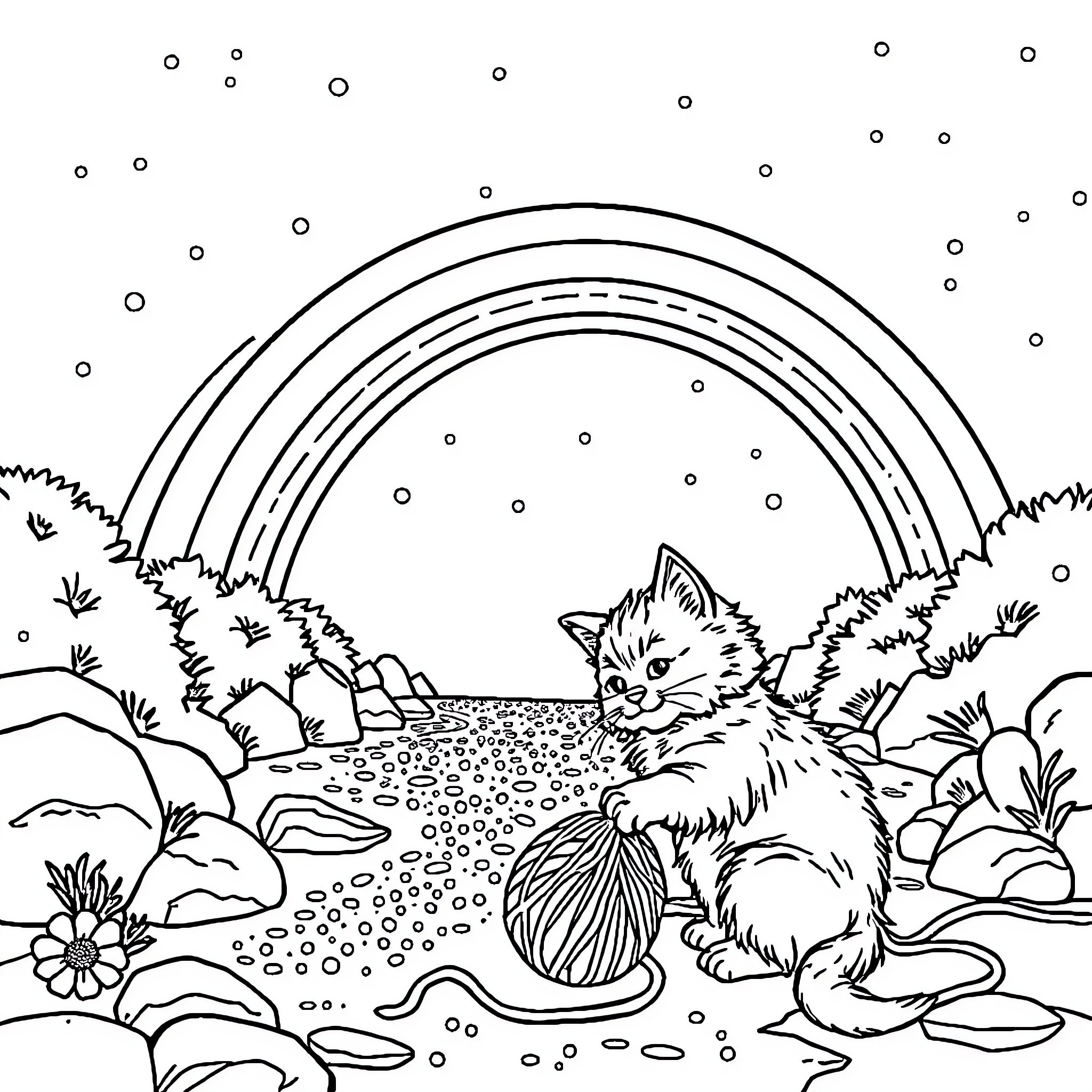 Cat exploring a magical outdoor scene Coloring Page (free black-and-white line drawing printable PDF for all, from beginners to advanced learners, including children, teens, adults, and seniors)