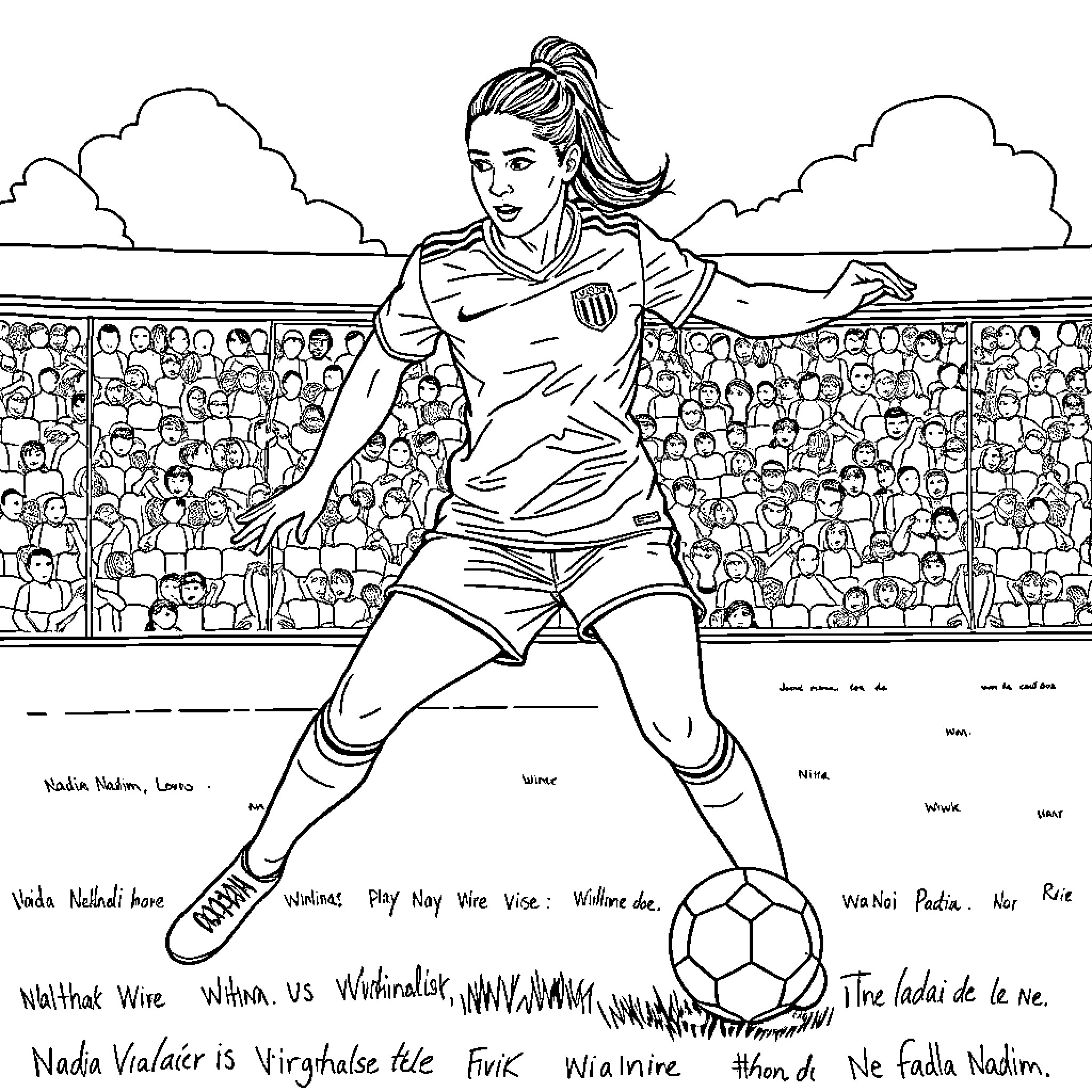 Nadia Nadim Playing Soccer in the Stadium Coloring Page (free black-and-white line drawing printable PDF for all, from beginners to advanced learners, including children, teens, adults, and seniors)