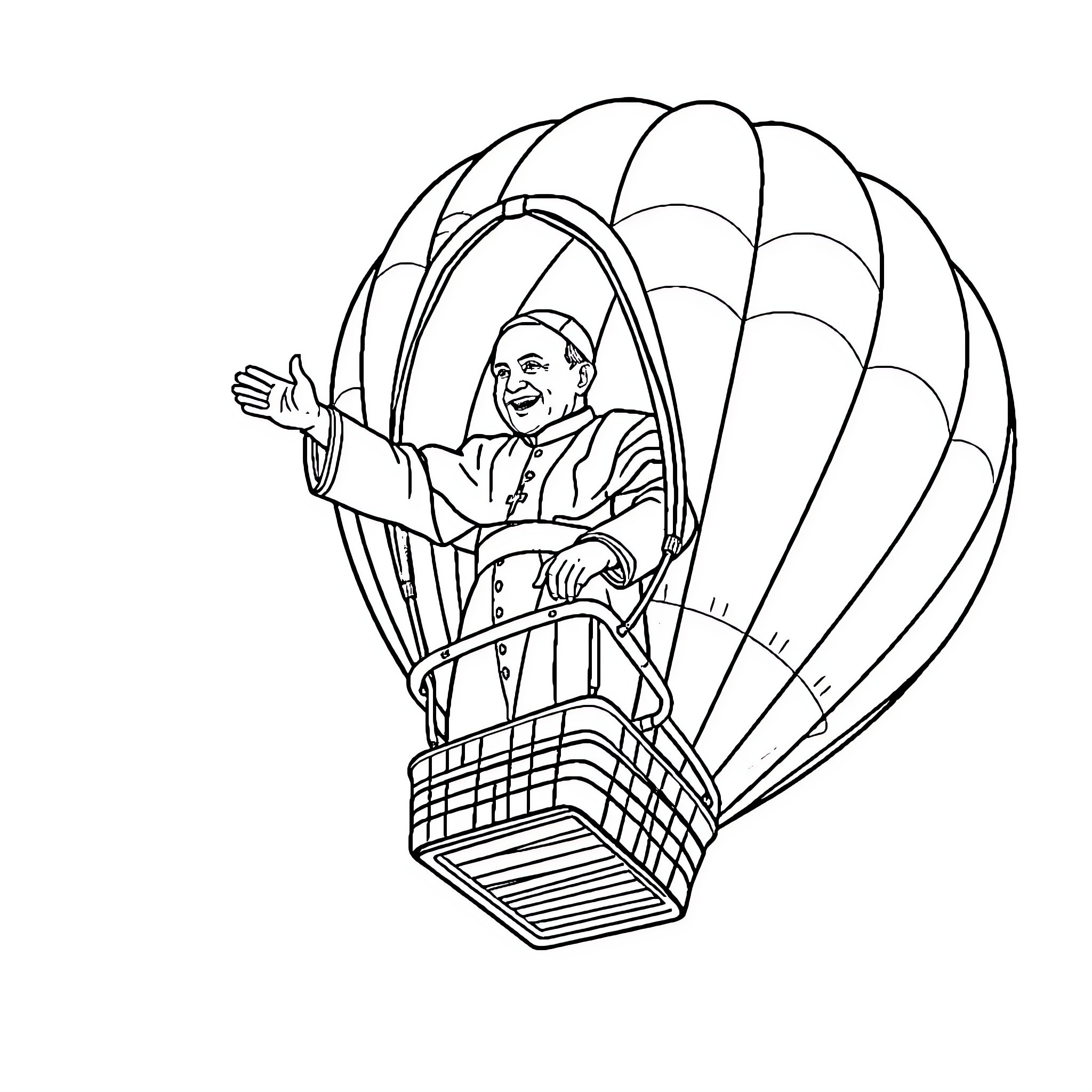 Pope riding a hot air balloon Coloring Page (free black-and-white line drawing printable PDF for all, from beginners to advanced learners, including children, teens, adults, and seniors)