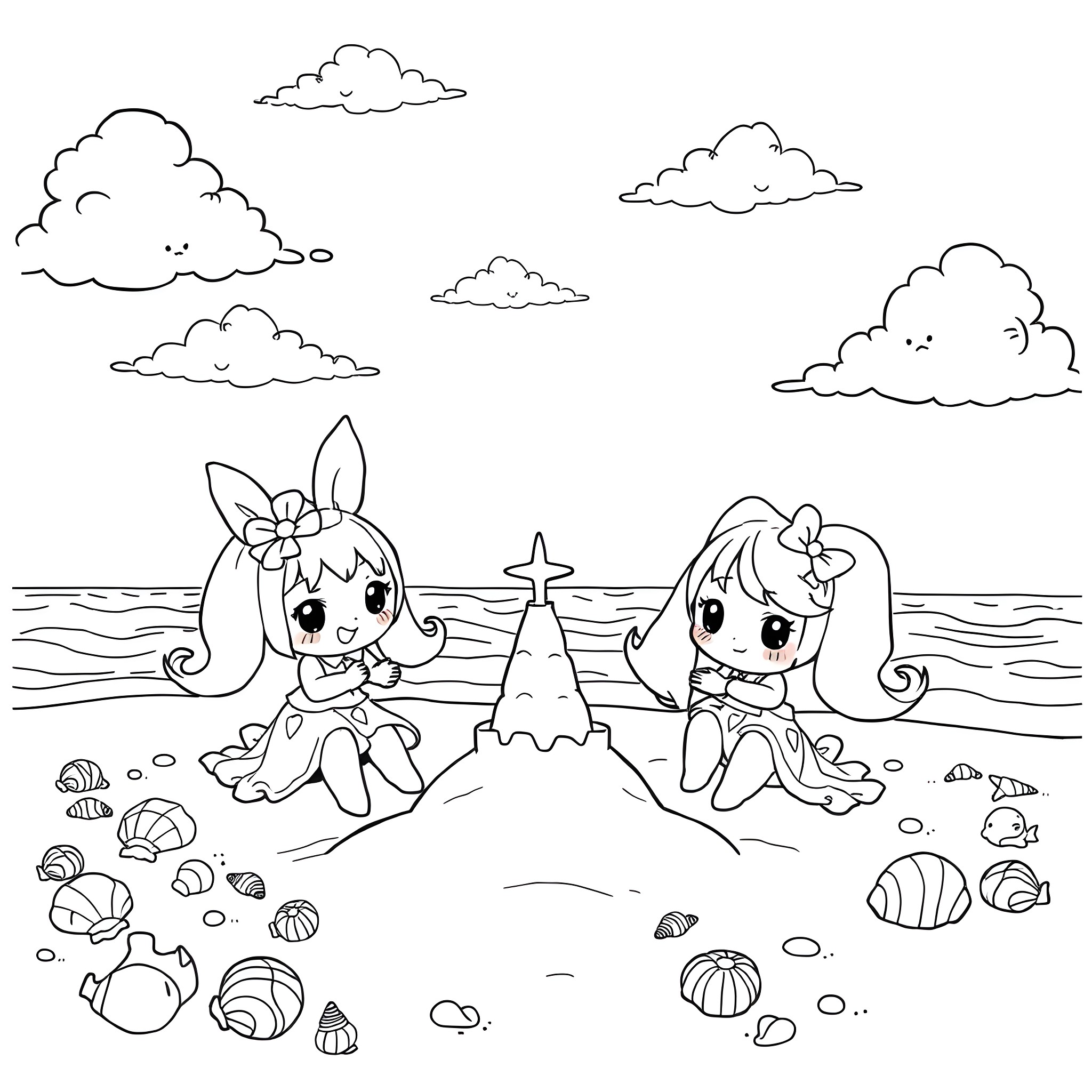 Kuromi and Cinnamoroll playing happily on the beach Coloring Page (free black-and-white line drawing printable PDF for all, from beginners to advanced learners, including children, teens, adults, and seniors)