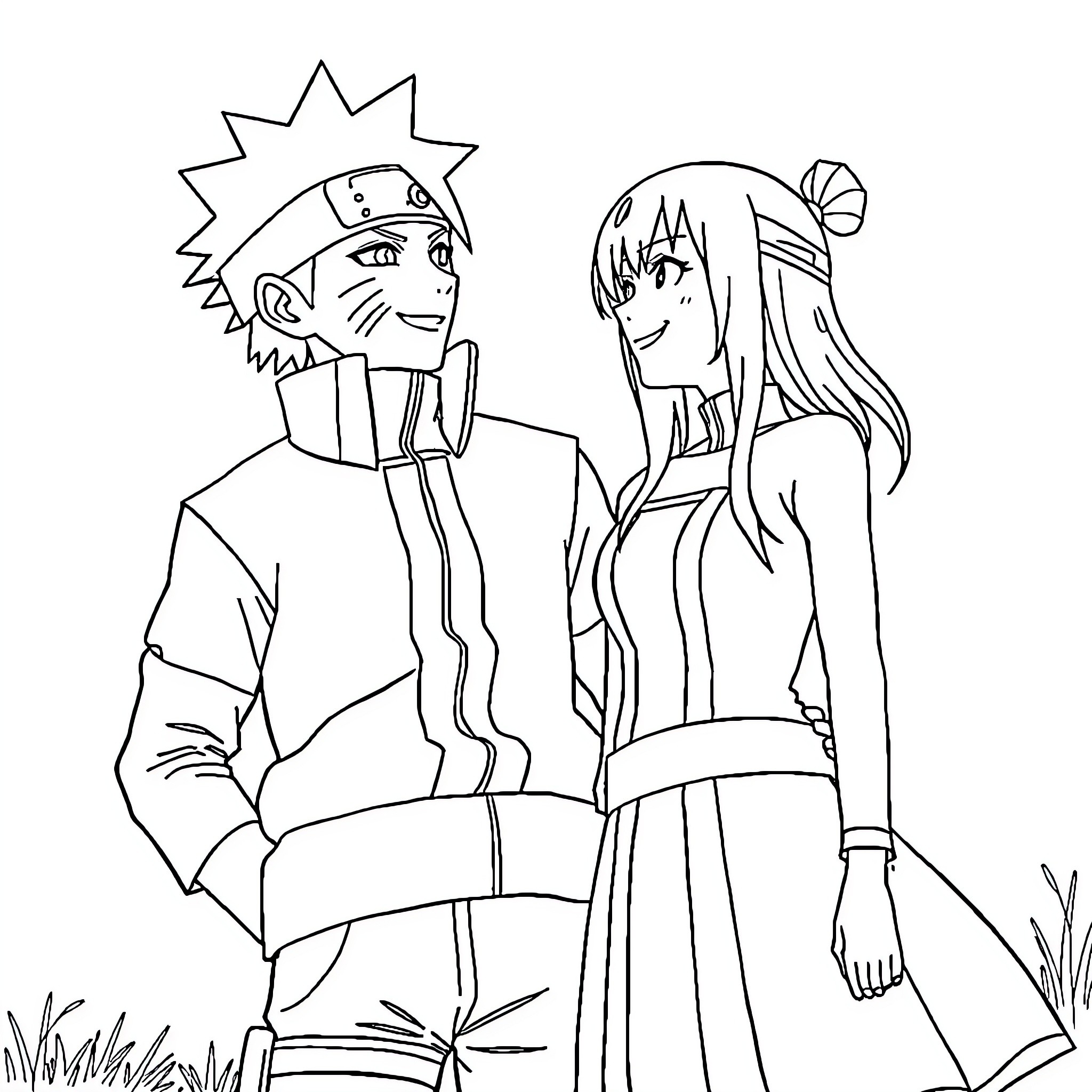 Naruto and Sakura in a friendly scene Coloring Page (free black-and-white line drawing printable PDF for all, from beginners to advanced learners, including children, teens, adults, and seniors)