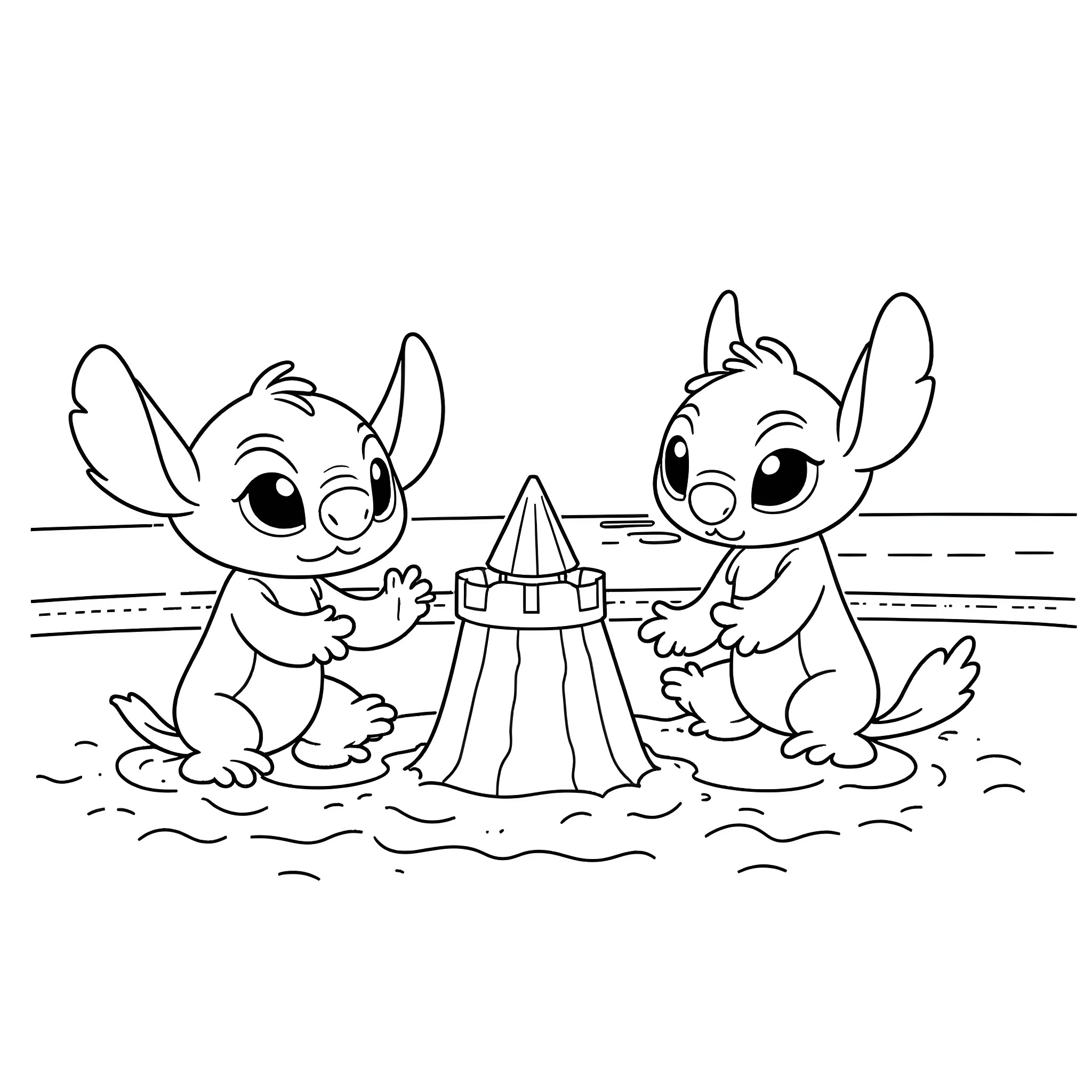 Bluey and Stitch playing with sandcastle on the beach Coloring Page (free black-and-white line drawing printable PDF for all, from beginners to advanced learners, including children, teens, adults, and seniors)