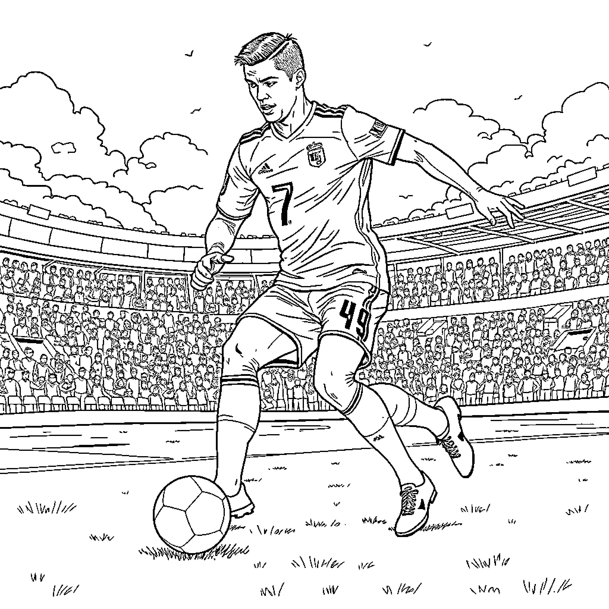 Cristiano Ronaldo playing soccer in a stadium Coloring Page (free black-and-white line drawing printable PDF for all, from beginners to advanced learners, including children, teens, adults, and seniors)