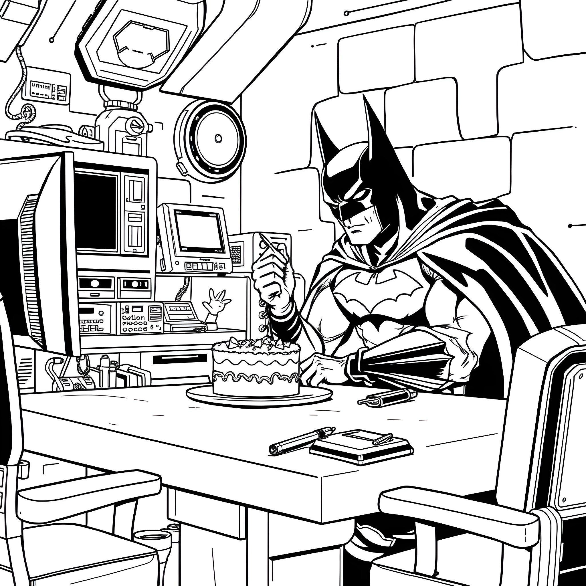 Batman Celebrating a Milestone in his High-Tech Lair Coloring Page (free black-and-white line drawing printable PDF for all, from beginners to advanced learners, including children, teens, adults, and seniors)