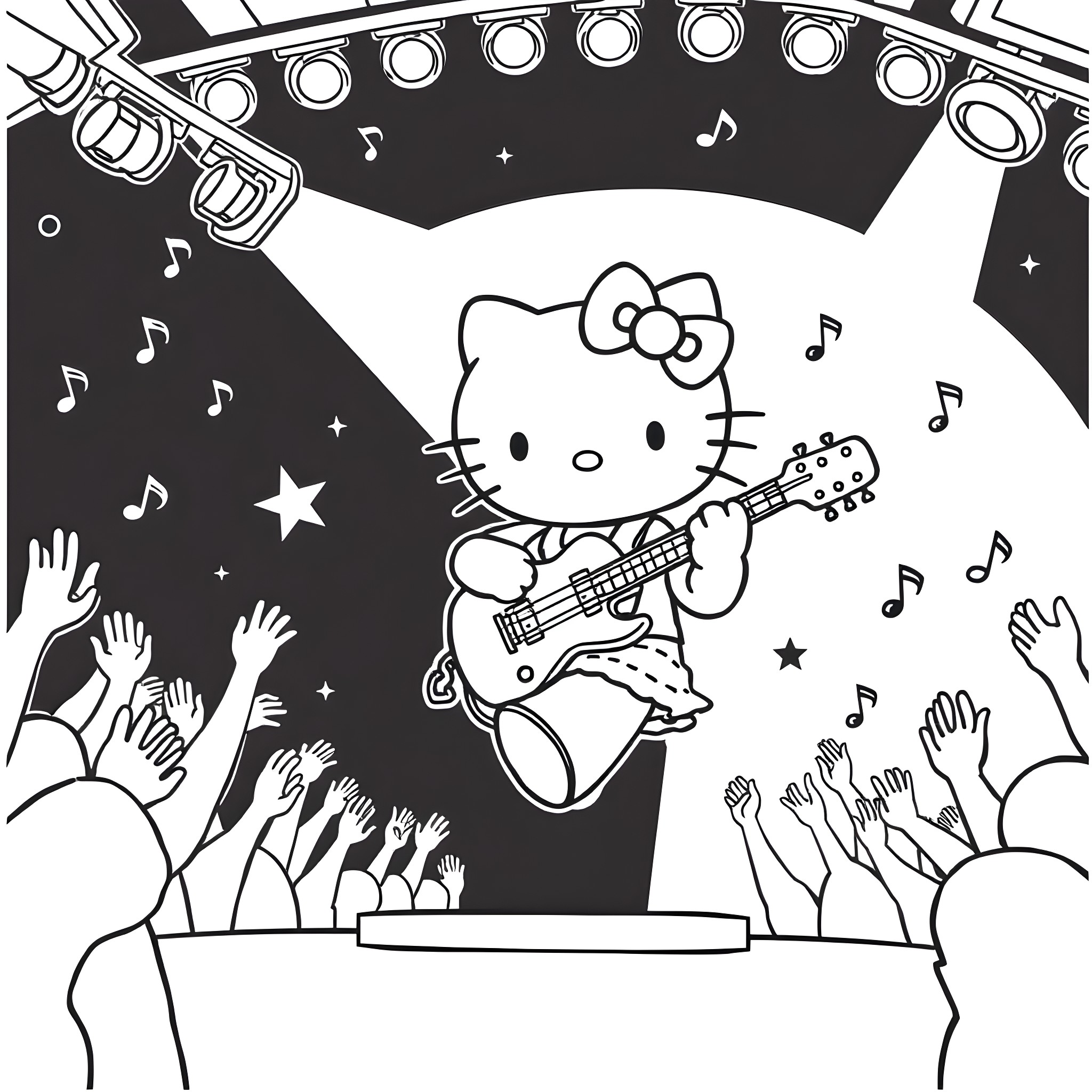 Hello Kitty Performing on Stage with Audience Coloring Page (free black-and-white line drawing printable PDF for all, from beginners to advanced learners, including children, teens, adults, and seniors)