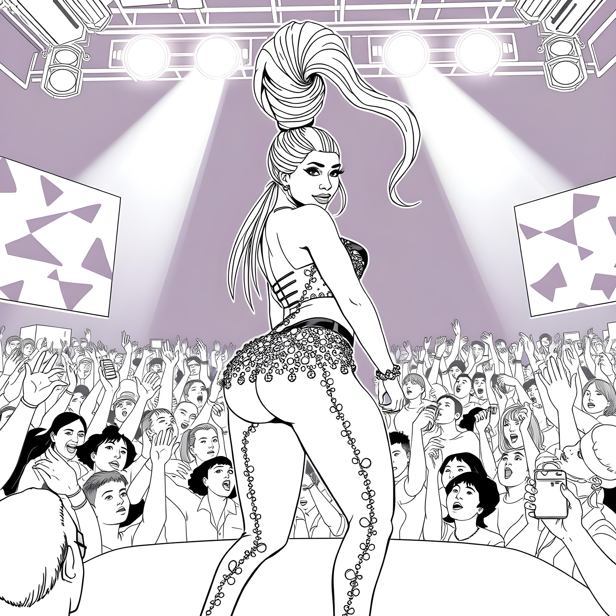 Nicki Minaj Performing on Stage with Energetic Crowd Coloring Page (free black-and-white line drawing printable PDF for all, from beginners to advanced learners, including children, teens, adults, and seniors)