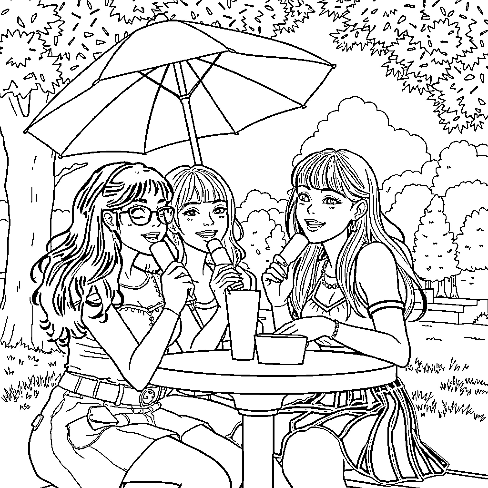 K-Pop Warriors enjoy a day out in the park Coloring Page (free black-and-white line drawing printable PDF for all, from beginners to advanced learners, including children, teens, adults, and seniors)