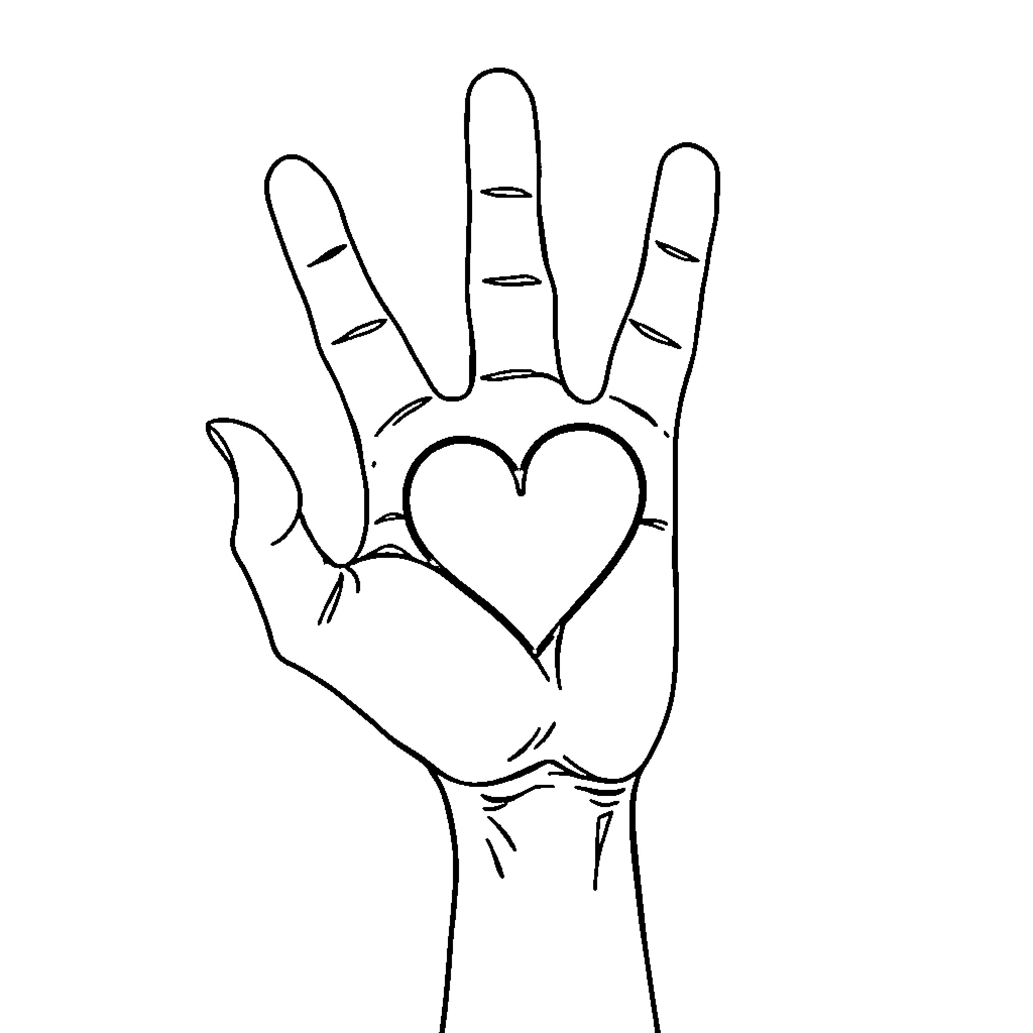 Hand gesture expressing love and caring Coloring Page (free black-and-white line drawing printable PDF for all, from beginners to advanced learners, including children, teens, adults, and seniors)