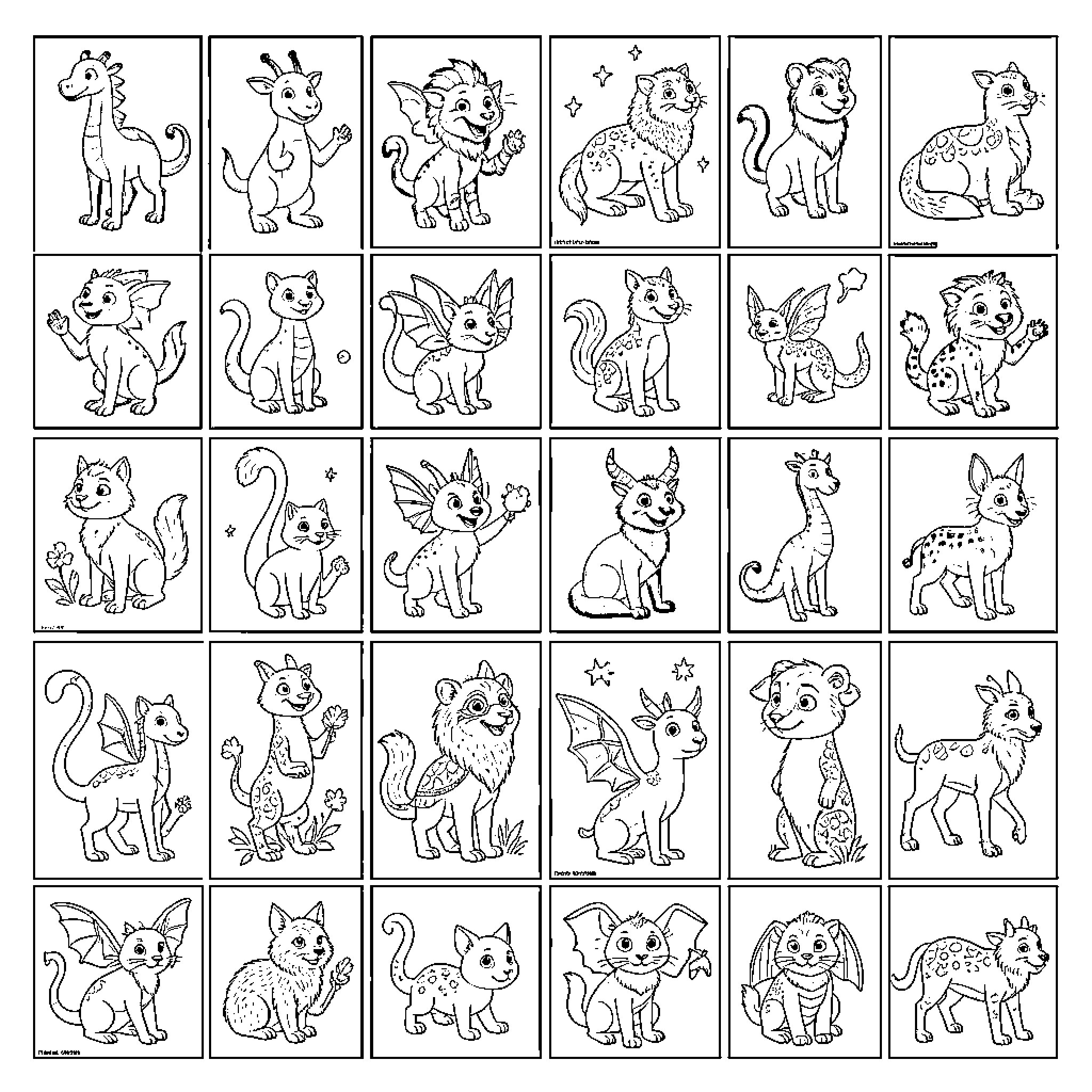 Animal Characters in Various Poses and Expressions Coloring Page (free black-and-white line drawing printable PDF for all, from beginners to advanced learners, including children, teens, adults, and seniors)
