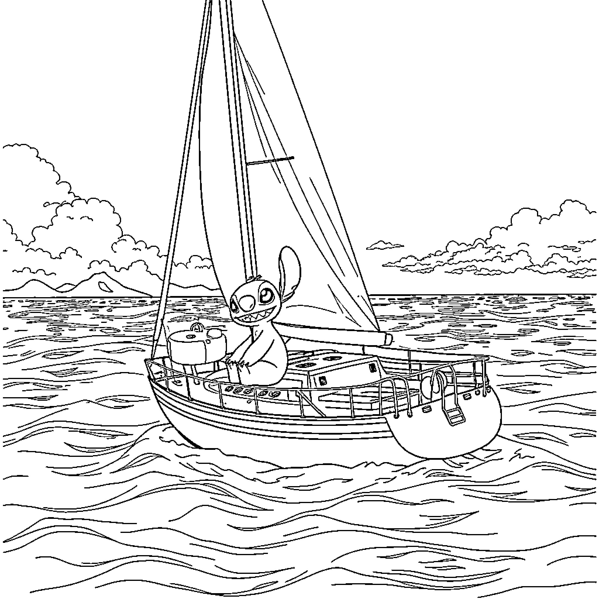 Stitch sailing on a boat in the ocean Coloring Page (free black-and-white line drawing printable PDF for all, from beginners to advanced learners, including children, teens, adults, and seniors)