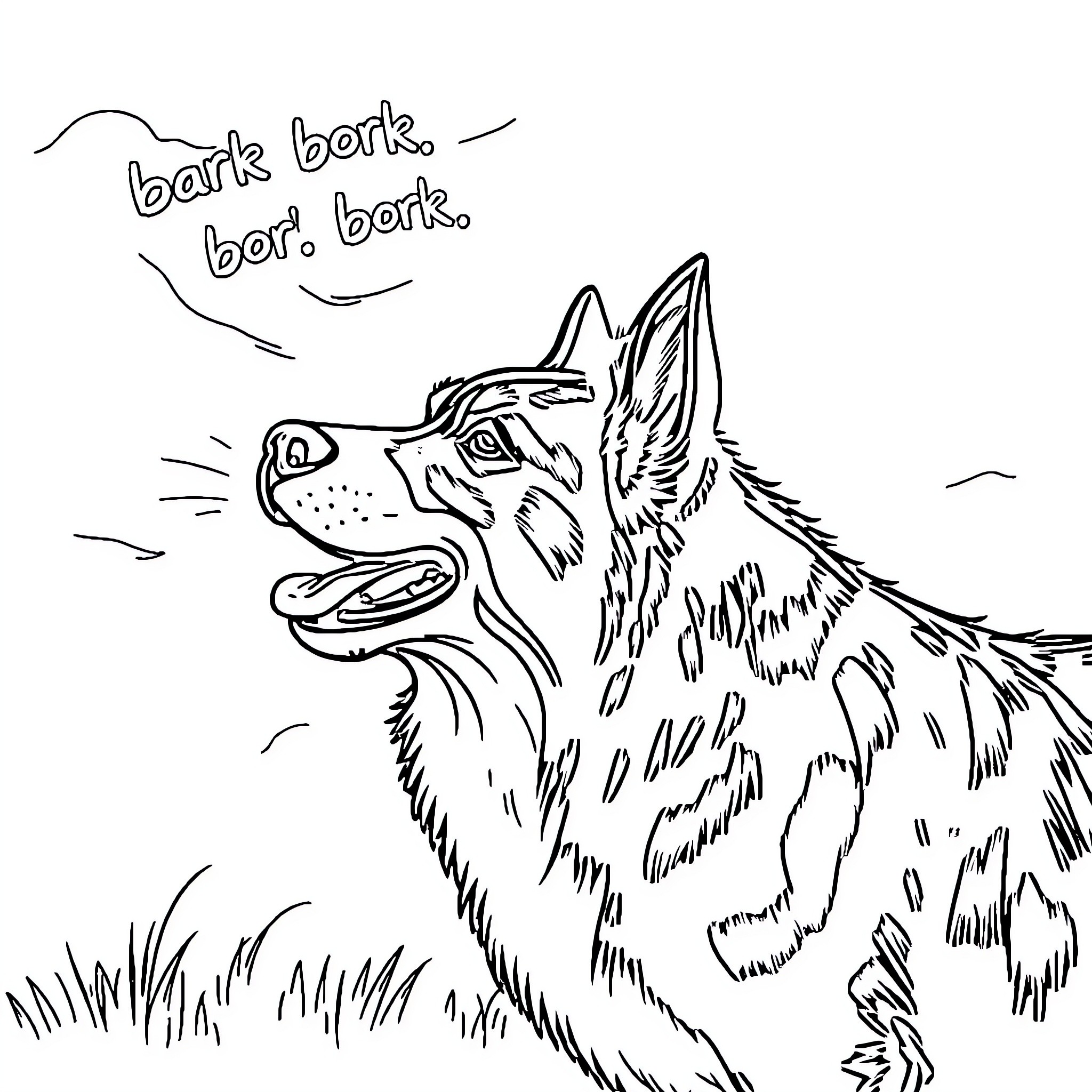 Australian Cattle Dog Barking Playfully Coloring Page (free black-and-white line drawing printable PDF for all, from beginners to advanced learners, including children, teens, adults, and seniors)