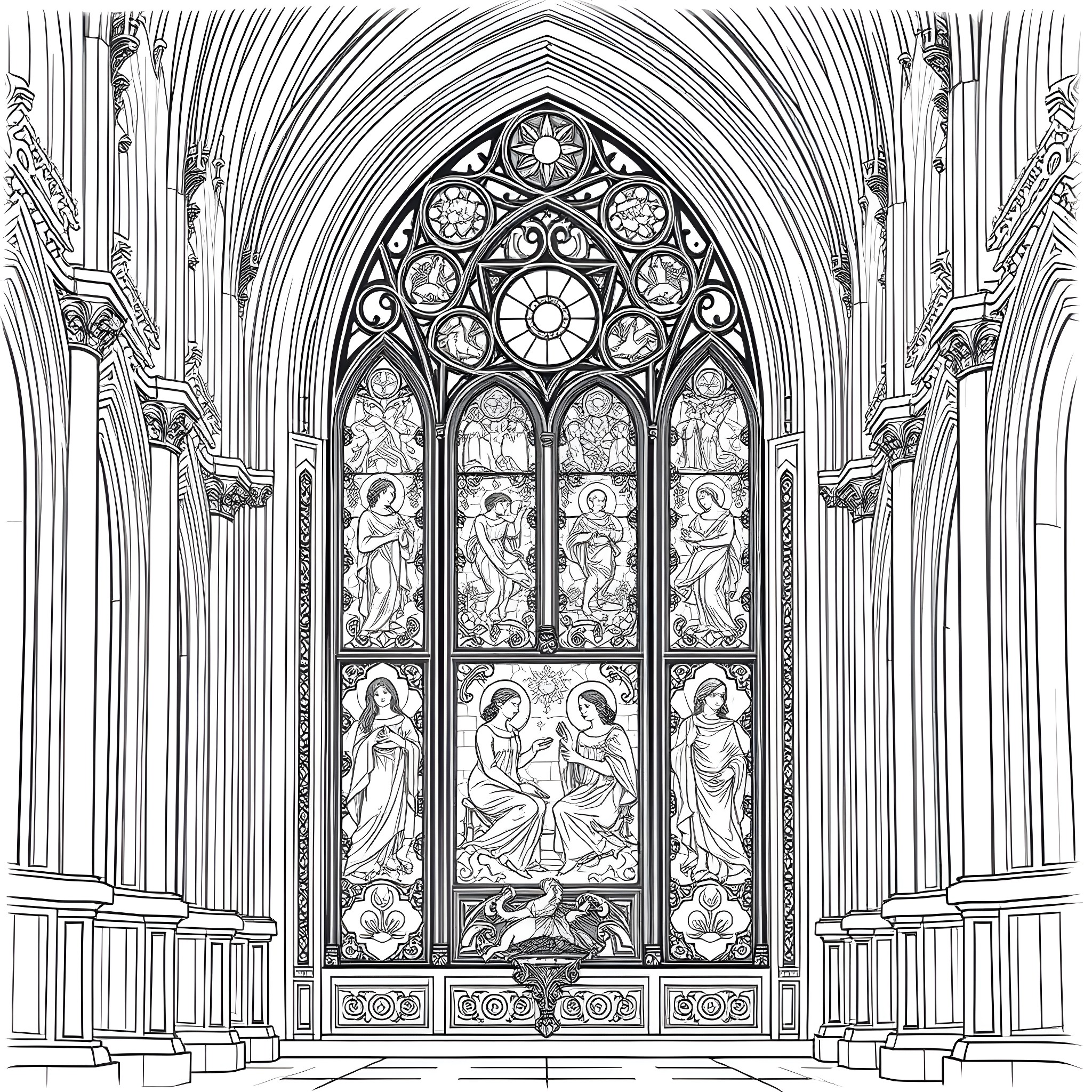 Stain Glass Religious Scene with Gothic Architecture Coloring Page (free black-and-white line drawing printable PDF for all, from beginners to advanced learners, including children, teens, adults, and seniors)