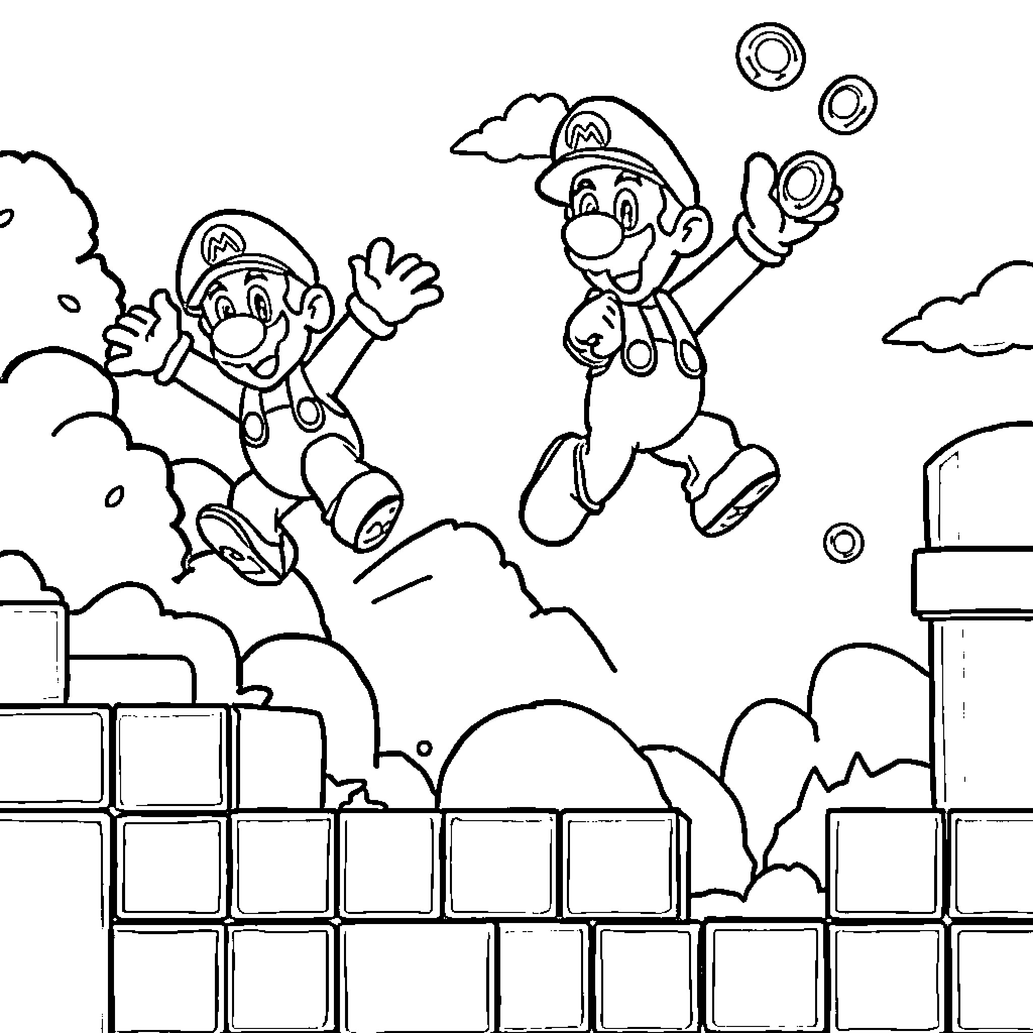 Super Mario Bros Jumping and Juggling in the Sky Coloring Page (free black-and-white line drawing printable PDF for all, from beginners to advanced learners, including children, teens, adults, and seniors)